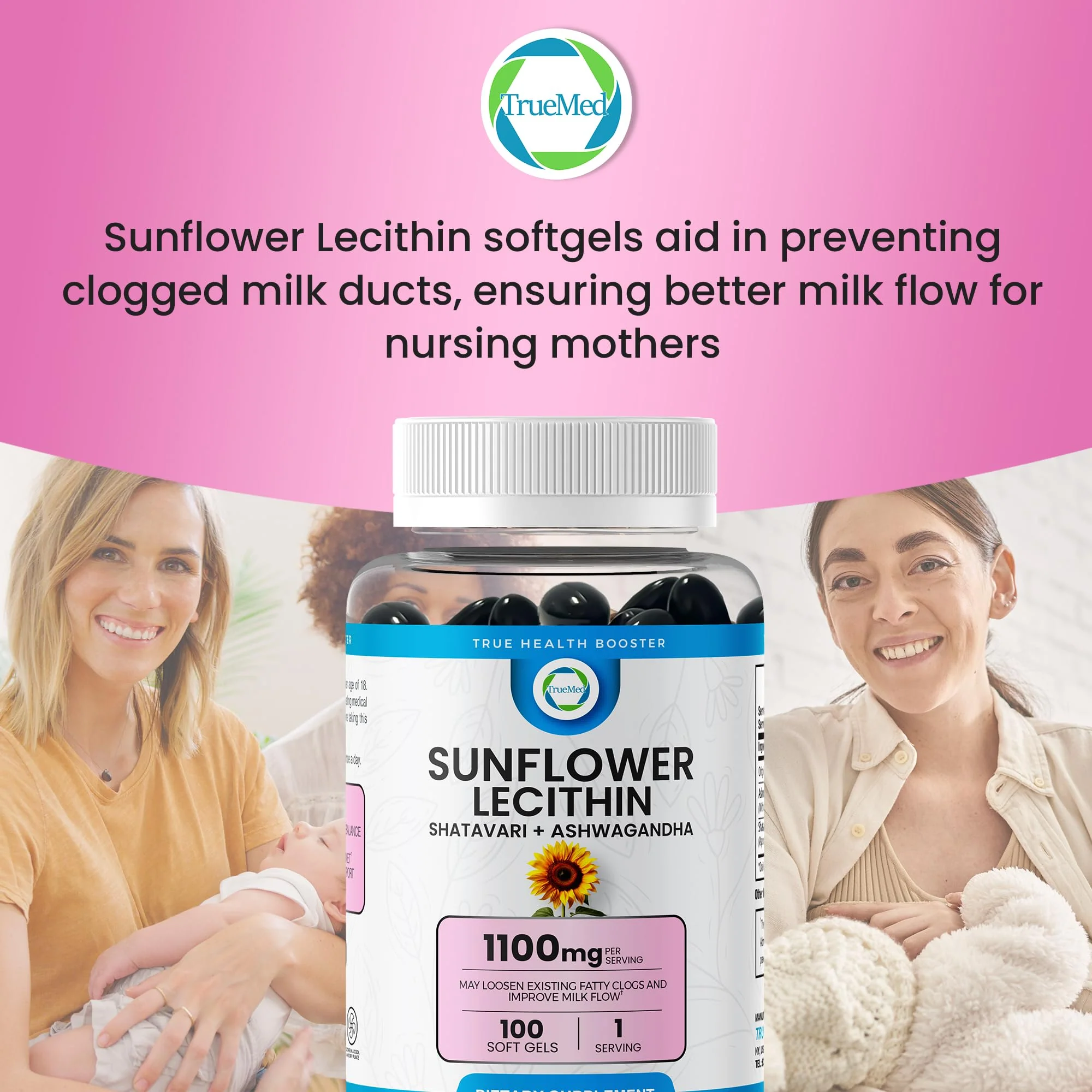 TRUEMED Sunflower Lecithin with Shatavari & Ashwagandha - 1100 mg per Serving - Supports Hormone Balance, Milk Flow, Brain Health, Digestive Wellness, 100 Softgels - Made in USA GMP Certified - Image 2