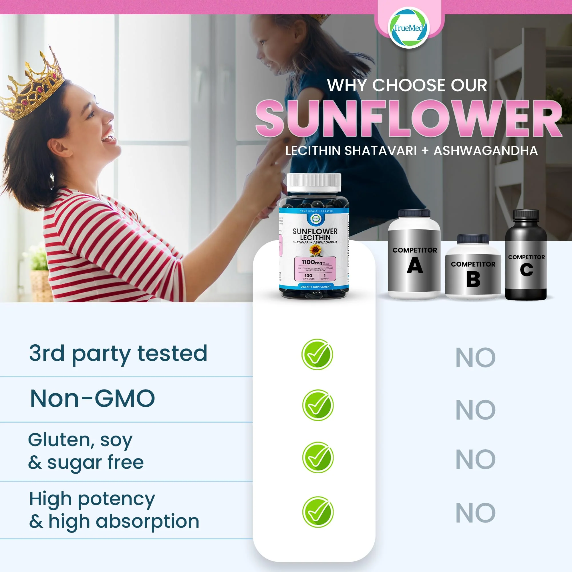 TRUEMED Sunflower Lecithin with Shatavari & Ashwagandha - 1100 mg per Serving - Supports Hormone Balance, Milk Flow, Brain Health, Digestive Wellness, 100 Softgels - Made in USA GMP Certified - Image 7
