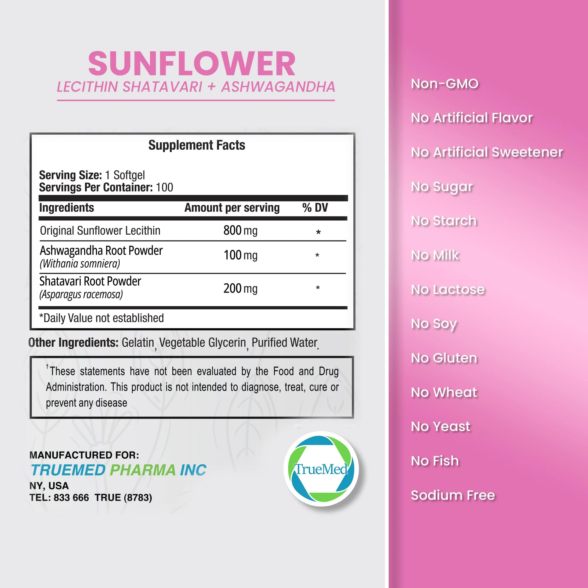 TRUEMED Sunflower Lecithin with Shatavari & Ashwagandha - 1100 mg per Serving - Supports Hormone Balance, Milk Flow, Brain Health, Digestive Wellness, 100 Softgels - Made in USA GMP Certified - Image 8
