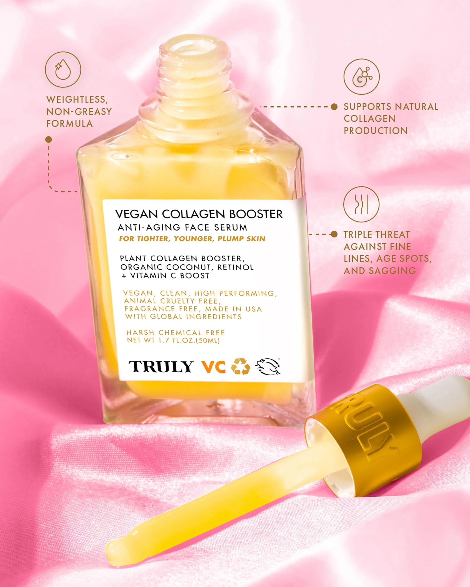 Truly Beauty Vegan Collagen Booster Anti-Aging Serum with Retinol, Vitamin C, and Organic Coconut Collagen Serum for Face Tightens Loose Skin, Fade Age Spots, and Discoloration, 1.7 Fl Oz. - Image 4