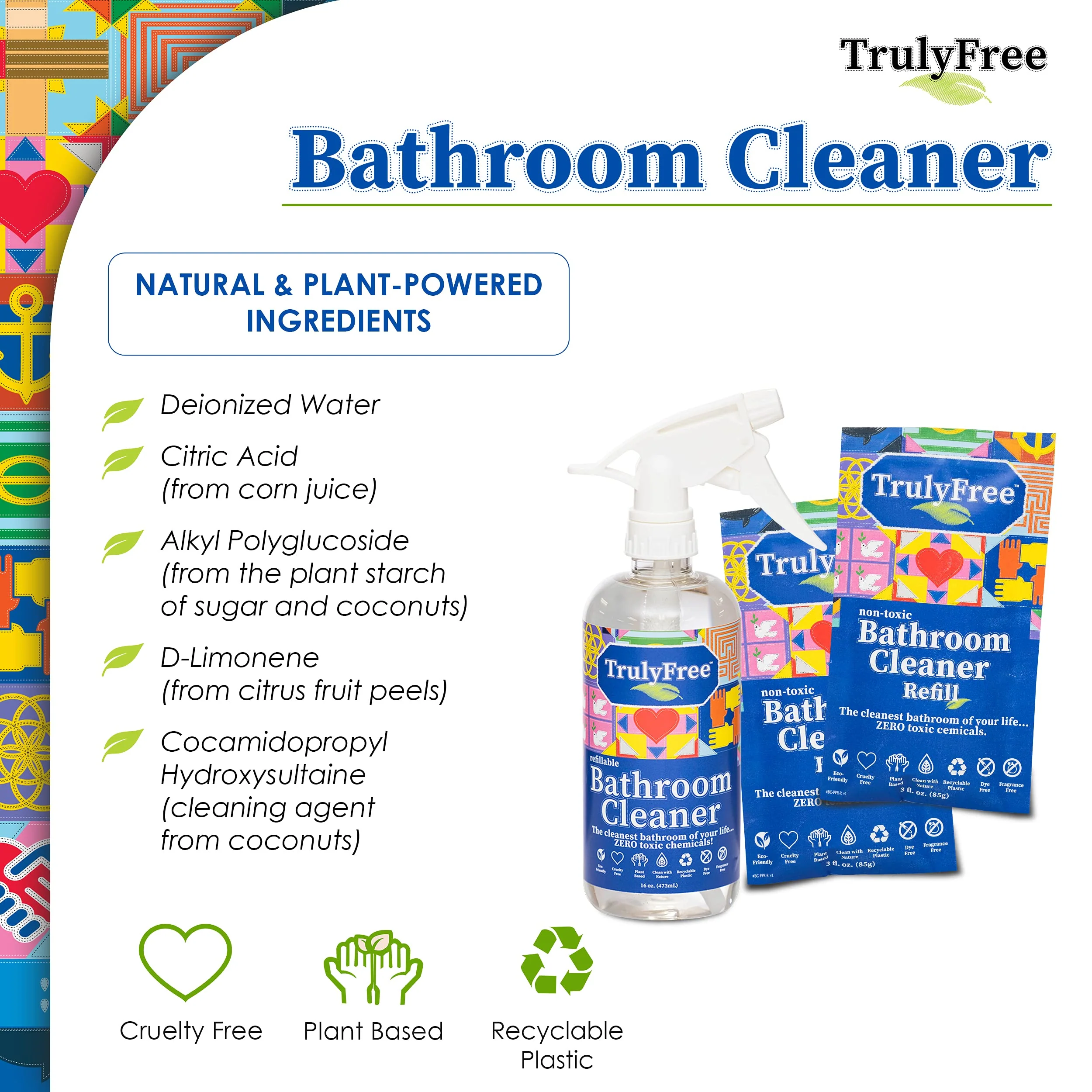 Truly Free All Natural Non-Toxic Bathroom Cleaner Spray, Organic Bath & Tile Cleaning Solution for Toilet, Sink, Tub & Shower, Refillable 2-Pack with 16oz Bottle + 2 Refill Pouches - Image 5