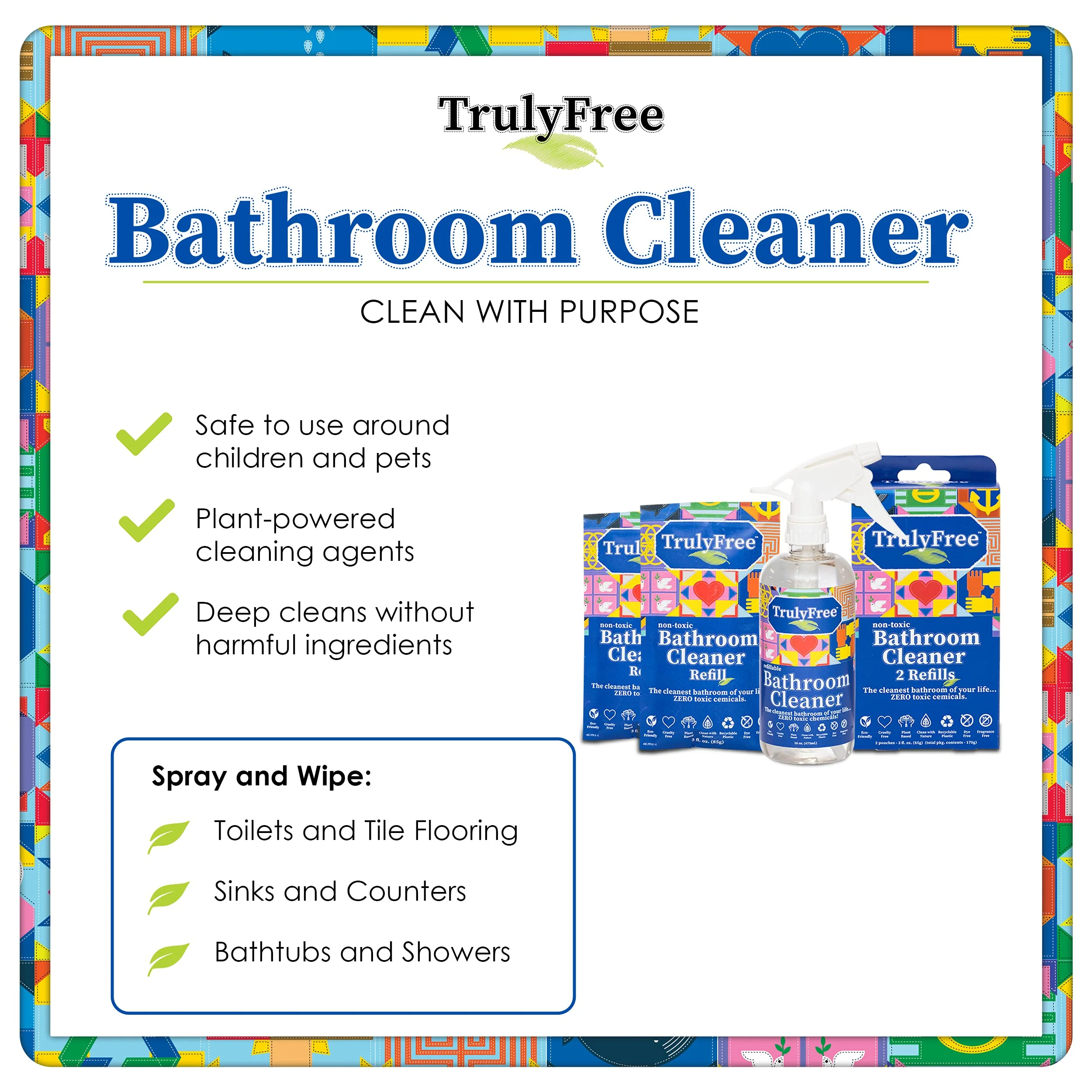 Truly Free All Natural Non-Toxic Bathroom Cleaner Spray, Organic Bath & Tile Cleaning Solution for Toilet, Sink, Tub & Shower, Refillable 2-Pack with 16oz Bottle + 2 Refill Pouches - Image 6
