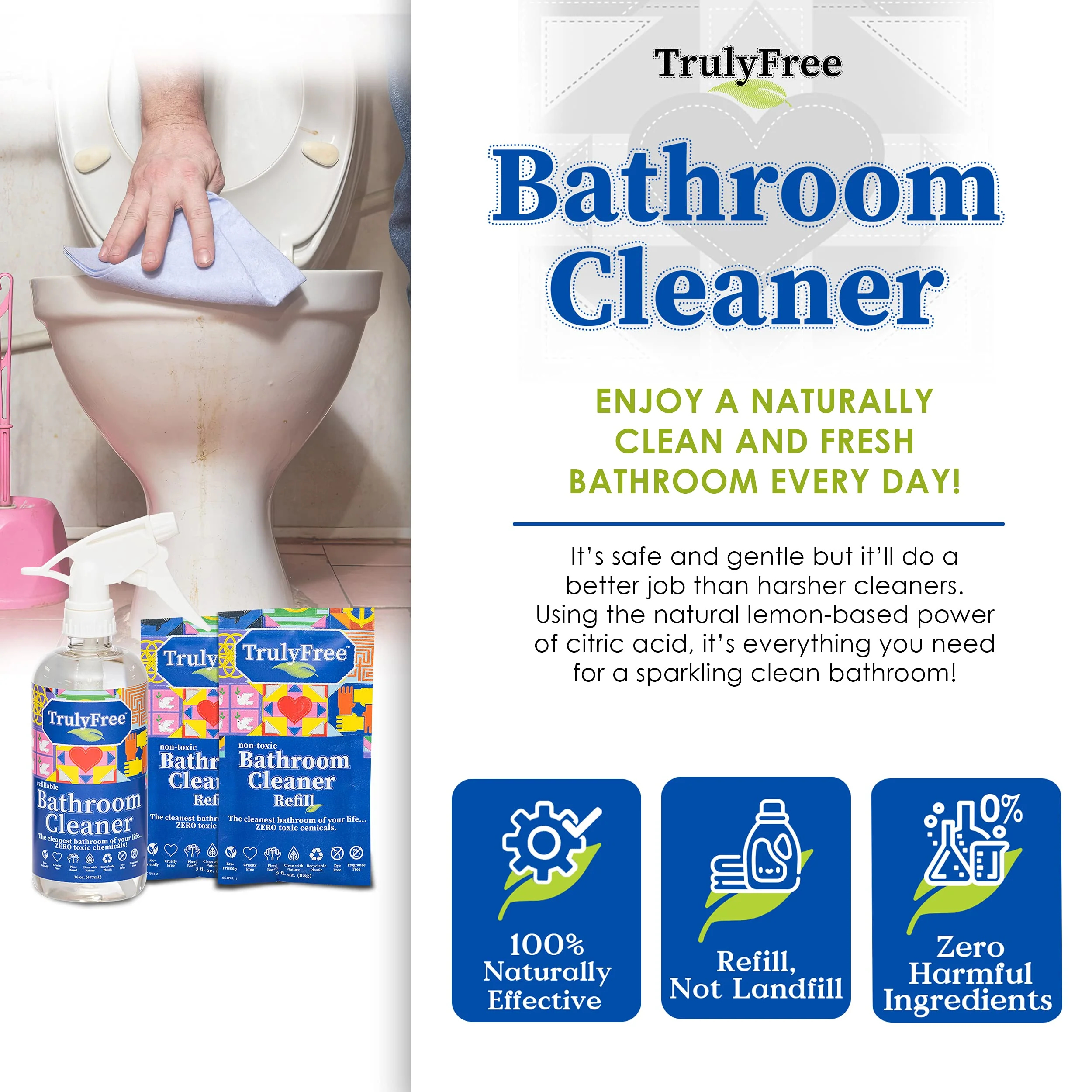 Truly Free All Natural Non-Toxic Bathroom Cleaner Spray, Organic Bath & Tile Cleaning Solution for Toilet, Sink, Tub & Shower, Refillable 2-Pack with 16oz Bottle + 2 Refill Pouches - Image 7