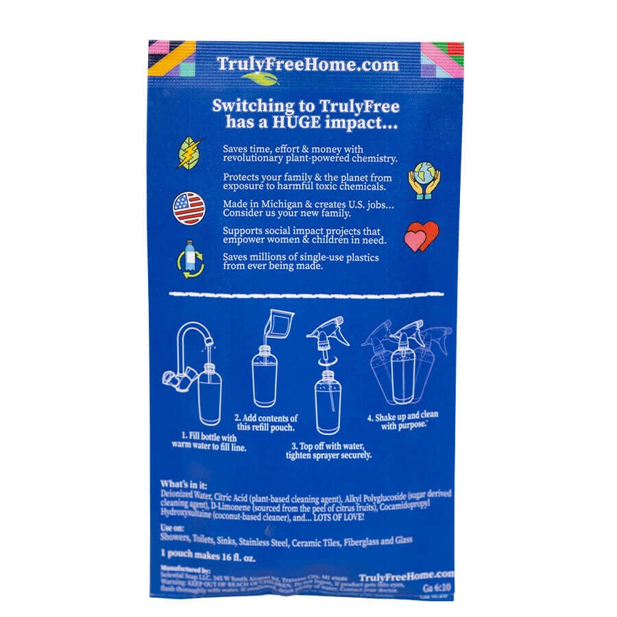 Truly Free All Natural Non-Toxic Bathroom Cleaner Spray, Organic Bath & Tile Cleaning Solution for Toilet, Sink, Tub & Shower, Refillable 2-Pack with 16oz Bottle + 2 Refill Pouches - Image 8