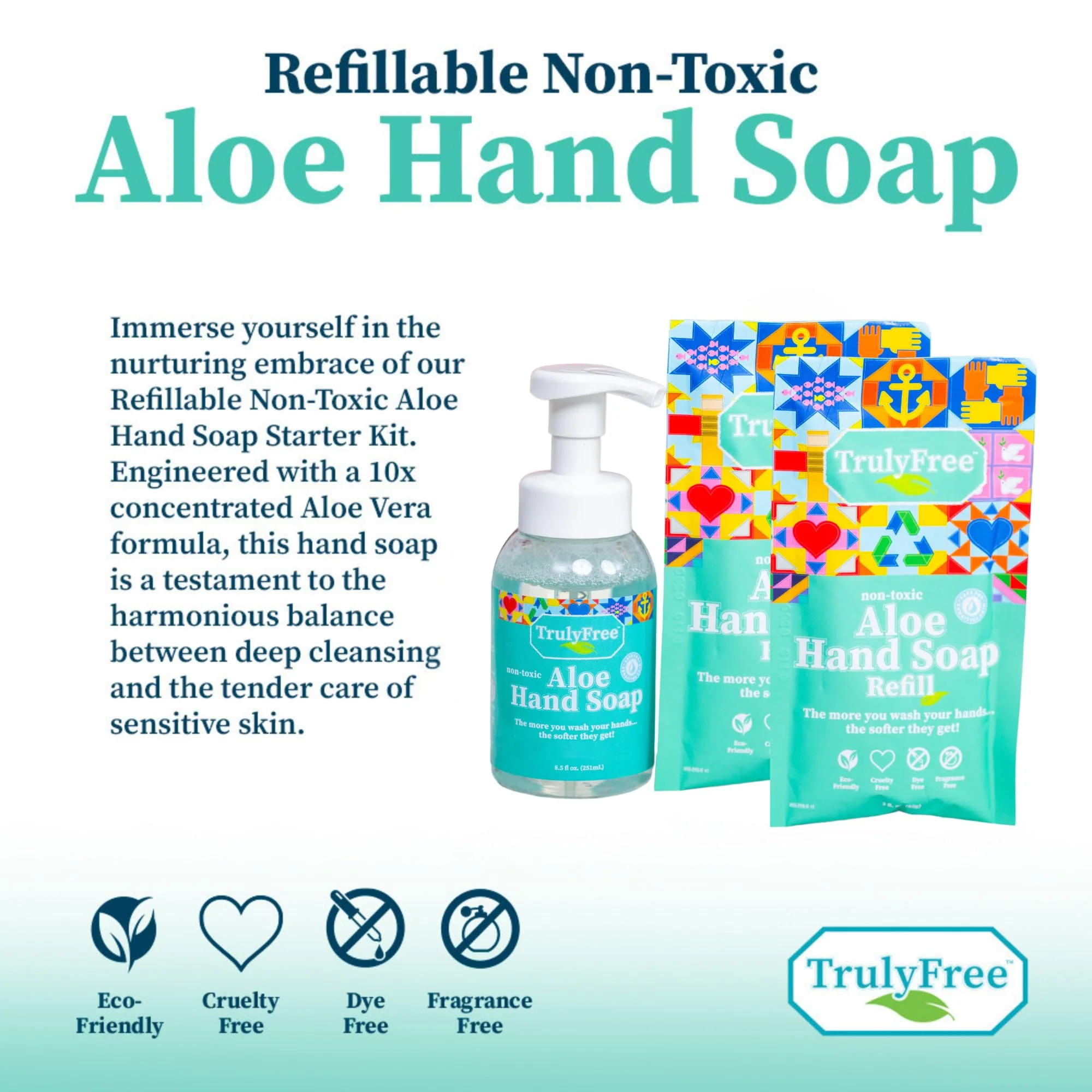 Truly Free Aloe Unscented Hand Soap - 10x Concentrated Aloe Vera, Non-Drying Gentle Cleanser - Bathroom Hand Soap - 1 Empty Bottle with Foaming Dispenser Pump + 2 Moisturizing Hand Soap Refill Pouches - Image 5