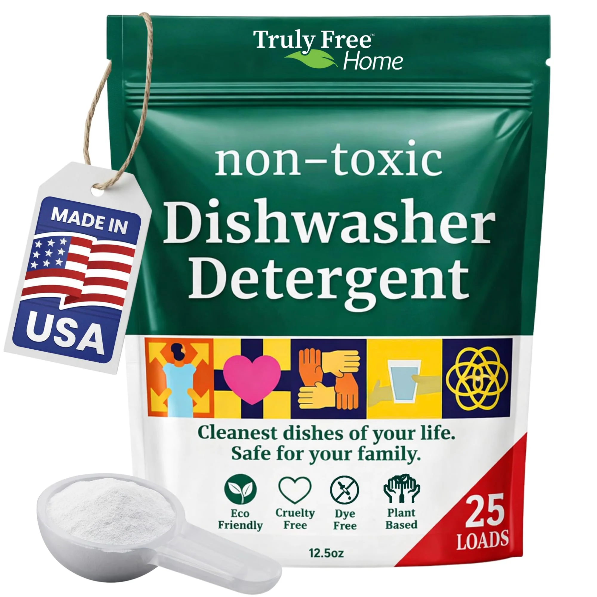 Truly Free Dishwasher Detergent Powder | Natural Dish Detergent, Dishwasher Soap | Plastic Free, Plant-Based, Clean, Heavy Duty Hard Water Stain & Grease Remover | Fragrance Free | 12.5 oz (Pack of 2)
