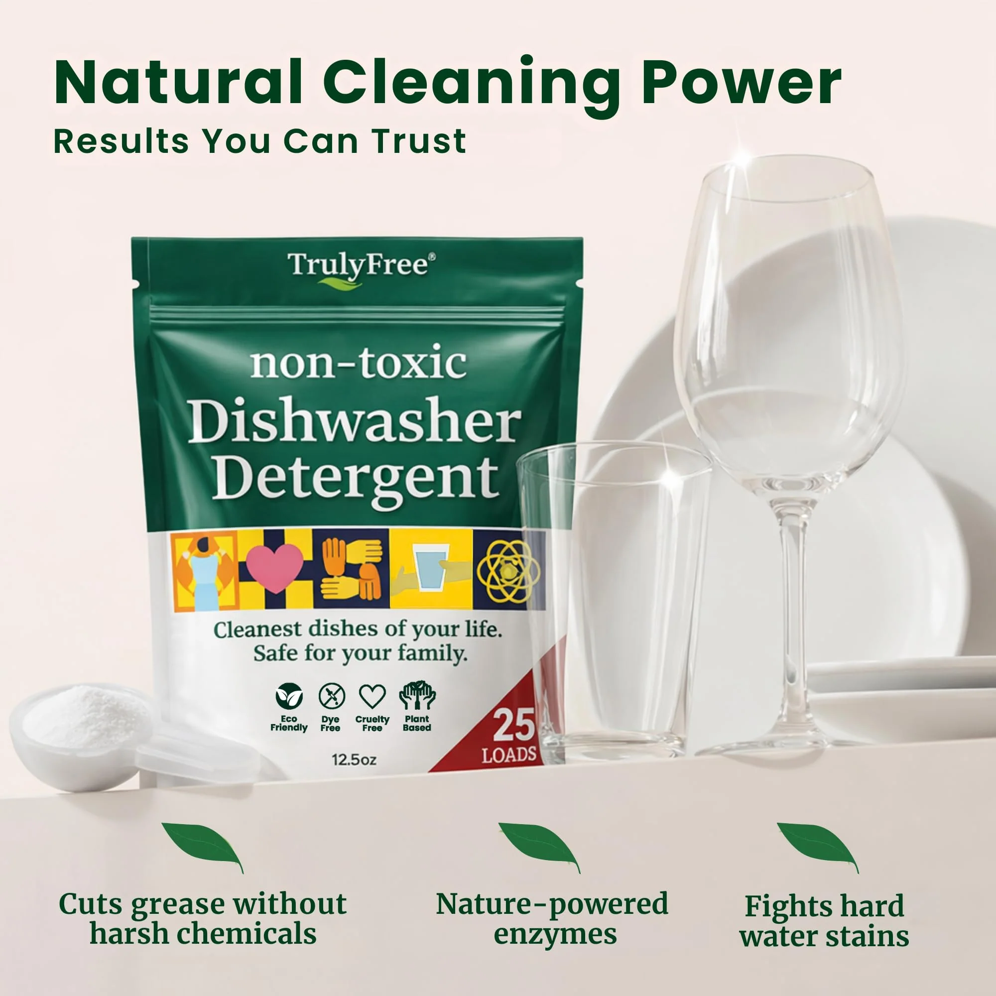 Truly Free Dishwasher Detergent Powder | Natural Dish Detergent, Dishwasher Soap | Plastic Free, Plant-Based, Clean, Heavy Duty Hard Water Stain & Grease Remover | Fragrance Free | 12.5 oz (Pack of 2) - Image 7