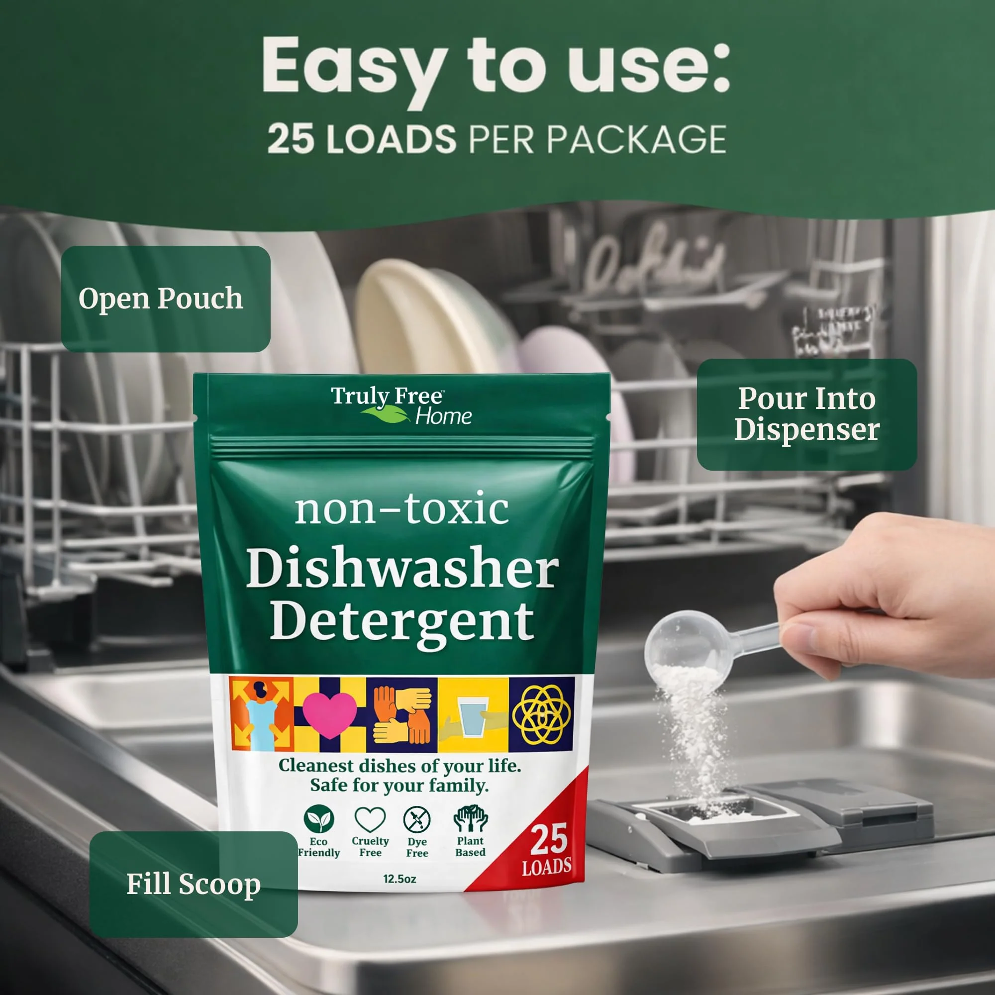 Truly Free Dishwasher Detergent Powder | Natural Dish Detergent, Dishwasher Soap | Plastic Free, Plant-Based, Clean, Heavy Duty Hard Water Stain & Grease Remover | Fragrance Free | 12.5 oz (Pack of 2) - Image 8