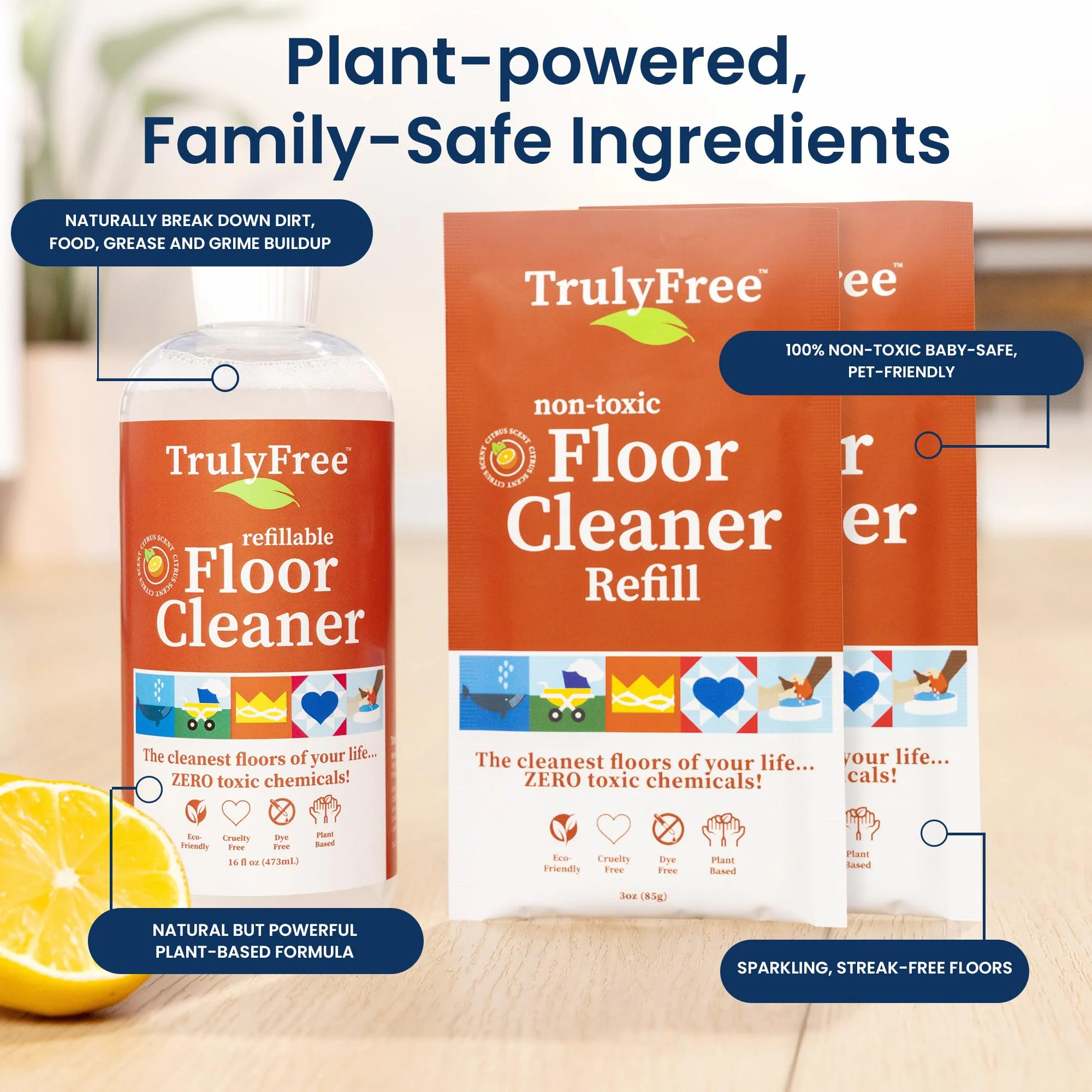 Truly Free Floor Cleaner Kit - Plant-Based Mopping Solution (16oz Reusable Empty Bottle + Two Pouches, 3oz ea.) - DIY All-Surface Cleaner for Hardwood, Tile, Wood & Concrete - Image 8