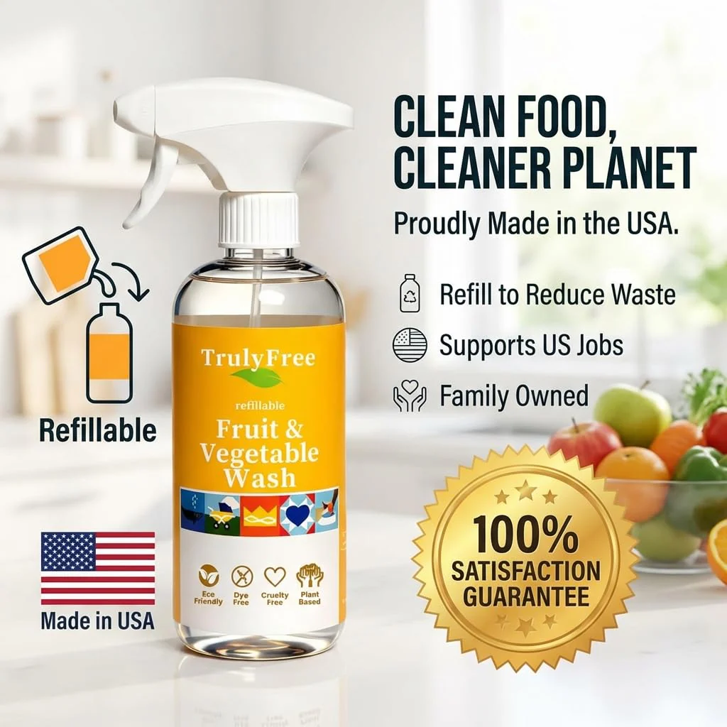 Truly Free Fruit and Vegetable Wash - Veggie Wash Removes 99% of Dirt & Wax | Plant-Based Produce Cleaner Spray | No Aftertaste, Refillable, Made in USA | Fragrance-Free, 16oz - Image 3