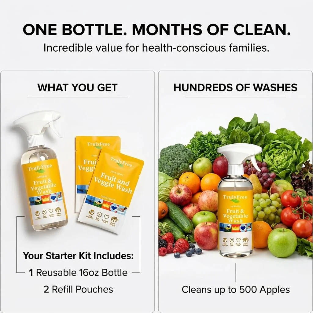 Truly Free Fruit and Vegetable Wash - Veggie Wash Removes 99% of Dirt & Wax | Plant-Based Produce Cleaner Spray | No Aftertaste, Refillable, Made in USA | Fragrance-Free, 16oz - Image 4