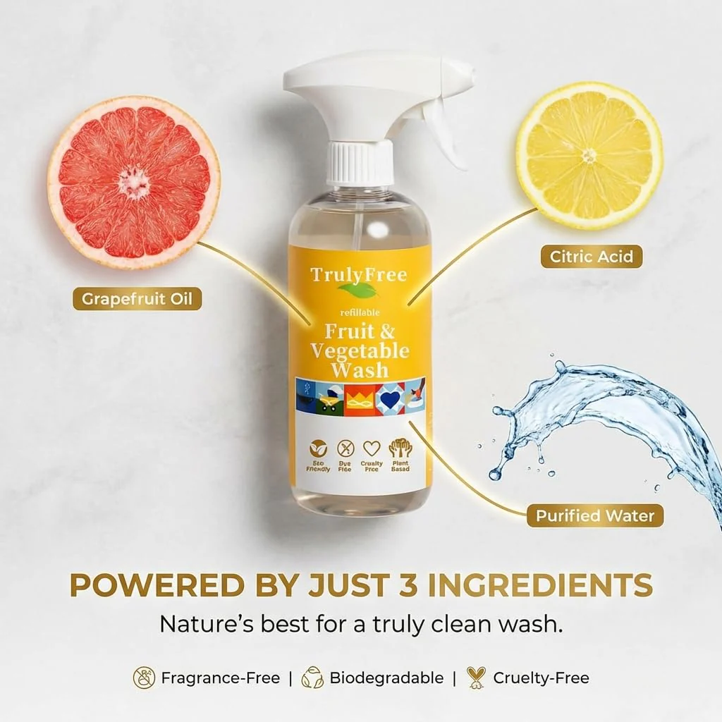 Truly Free Fruit and Vegetable Wash - Veggie Wash Removes 99% of Dirt & Wax | Plant-Based Produce Cleaner Spray | No Aftertaste, Refillable, Made in USA | Fragrance-Free, 16oz - Image 6