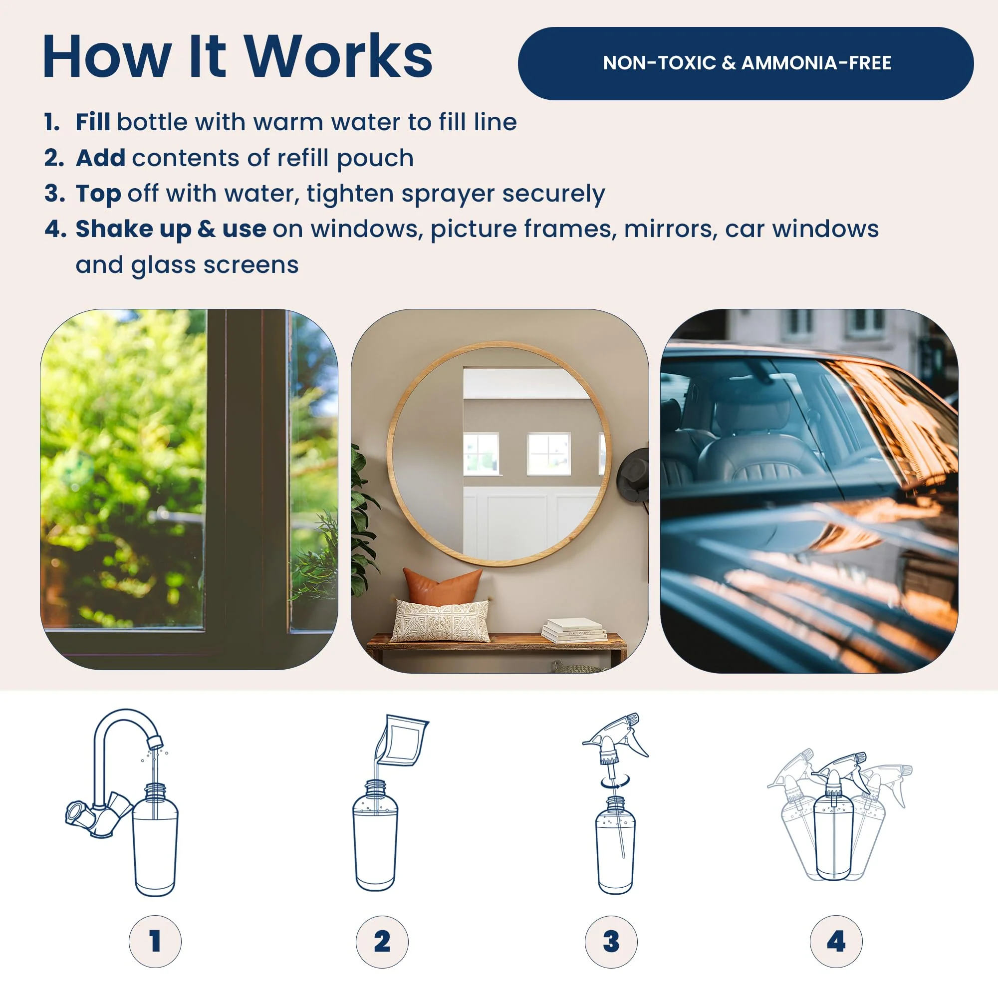Truly Free Natural Glass Cleaner - Removes Dirt & Debris for Sparkling Clean Windows & Glass Surfaces at Home, Office & Garage, Includes: 1 Refillable Empty Bottle (16oz) & 2 Refills (3oz ea) - Image 3