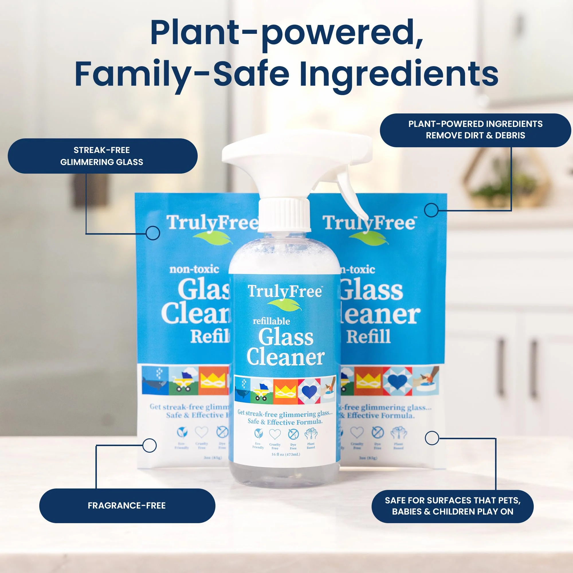 Truly Free Natural Glass Cleaner - Removes Dirt & Debris for Sparkling Clean Windows & Glass Surfaces at Home, Office & Garage, Includes: 1 Refillable Empty Bottle (16oz) & 2 Refills (3oz ea) - Image 7