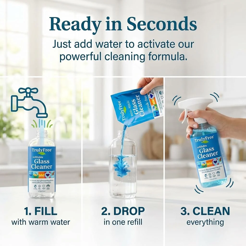Truly Free Natural Glass Cleaner - Removes Dirt & Debris for Sparkling Clean Windows & Glass Surfaces at Home, Office & Garage, Includes: 1 Refillable Empty Bottle (16oz) & 2 Refills (3oz ea) - Image 8