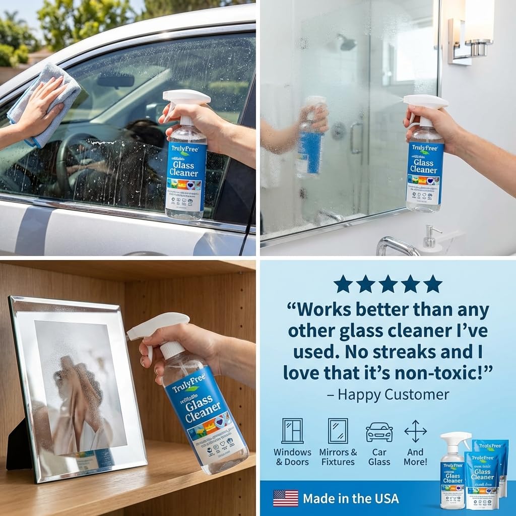 Truly Free Natural Glass Cleaner - Removes Dirt & Debris for Sparkling Clean Windows & Glass Surfaces at Home, Office & Garage, Includes: 1 Refillable Empty Bottle (16oz) & 2 Refills (3oz ea) - Image 9
