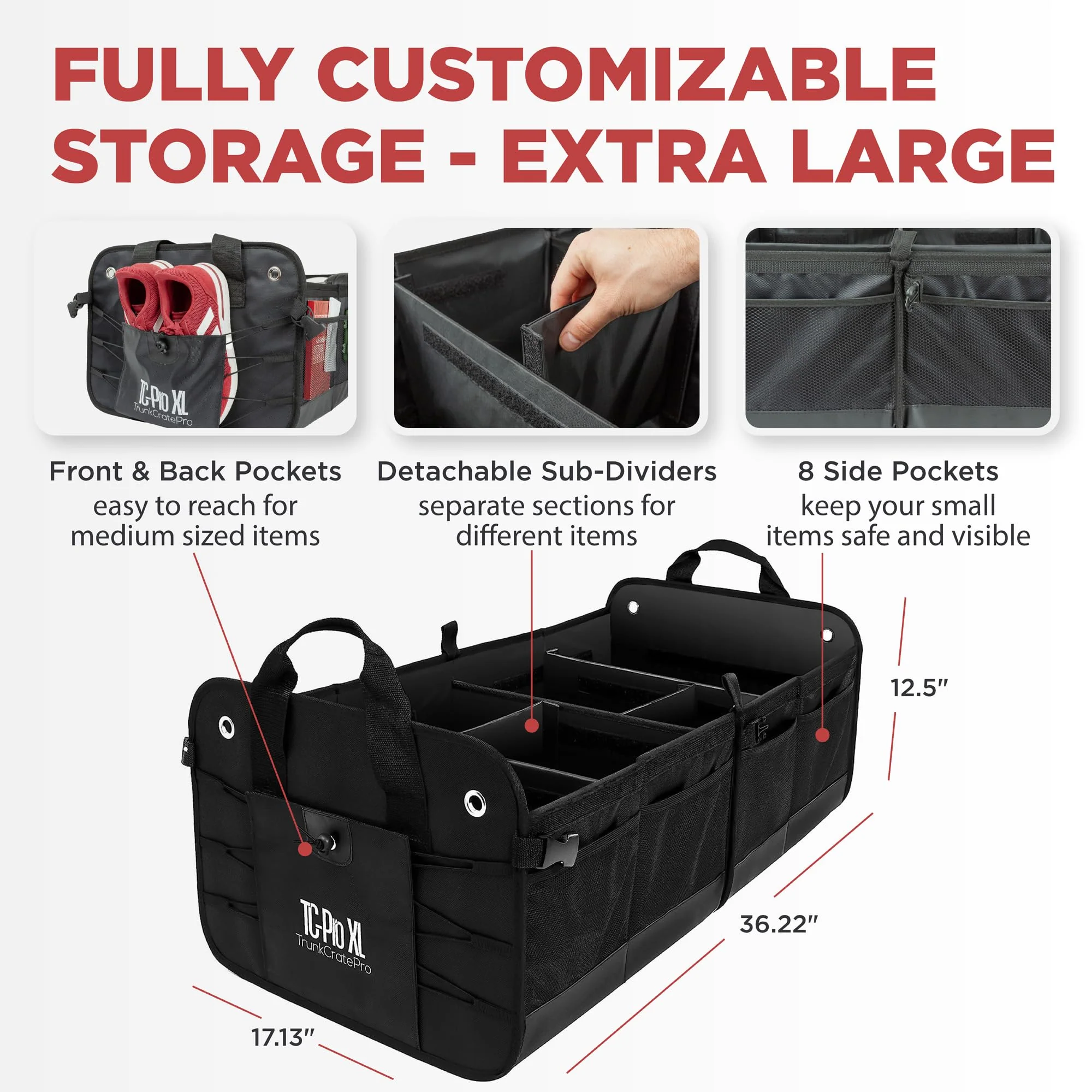 TRUNKCRATEPRO Extra Large Multi Compartments Collapsible Portable Trunk Organizer with Metal Hooks, Recommended for Really Large Loads Black Extra Large - Image 8