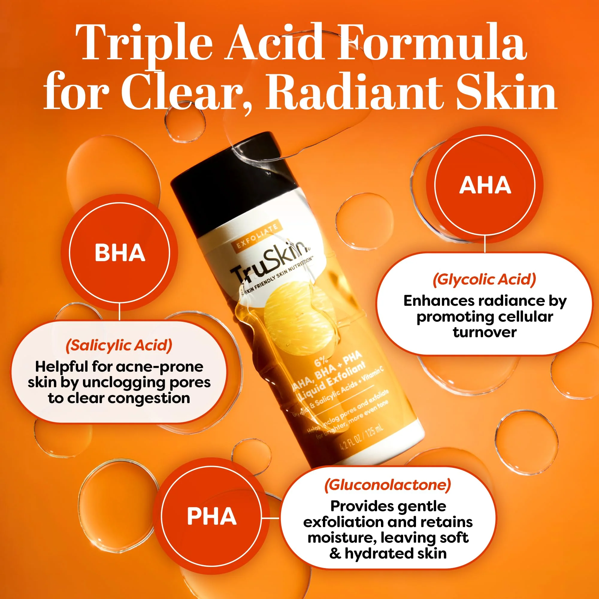 TruSkin BHA Liquid Exfoliant & Toner for Face - Triple Acid AHA BHA PHA Exfoliator with Salicylic, Glycolic Acid & Vitamin C - Improves Look of Tone & Texture, Unclogs Pores, 4.2 fl oz - Image 7