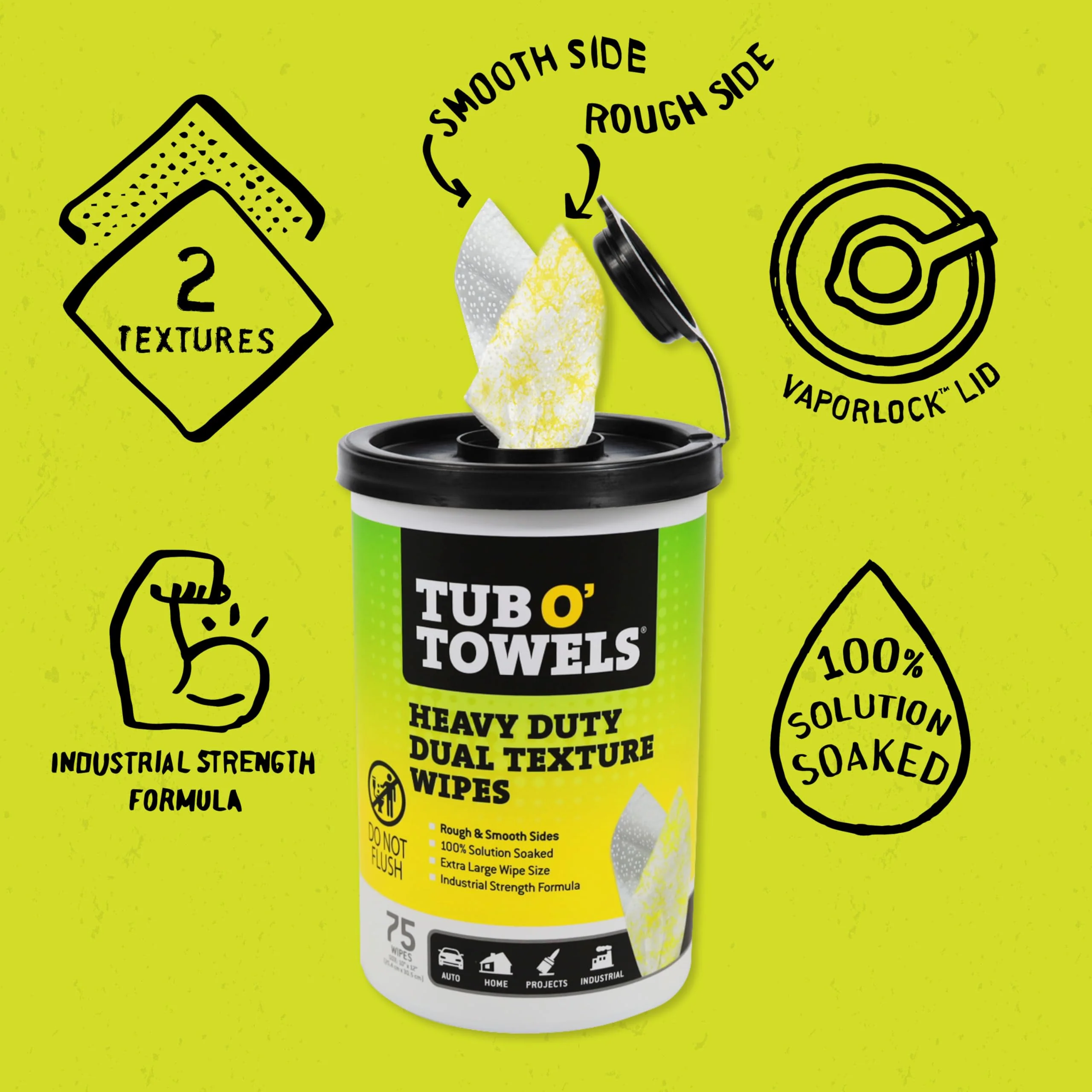 Tub O’ Towels TW75 Heavy-Duty 10" x 12" Size Multi-Surface Cleaning Wipes, Dual Texture, 75 Count Per Canister - Image 6