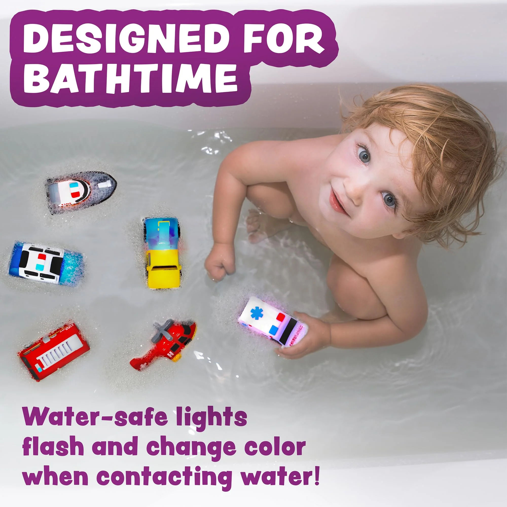 Tub Works® Emergency™ Cars Light Up Bath Toys, 6 Pack | Water-Activated Light Up Toys Flash & Change Color | Soft, Squeezable Baby & Toddler Bath Toys | Sensory Toys with Bath Lights for Kids Bath - Image 2