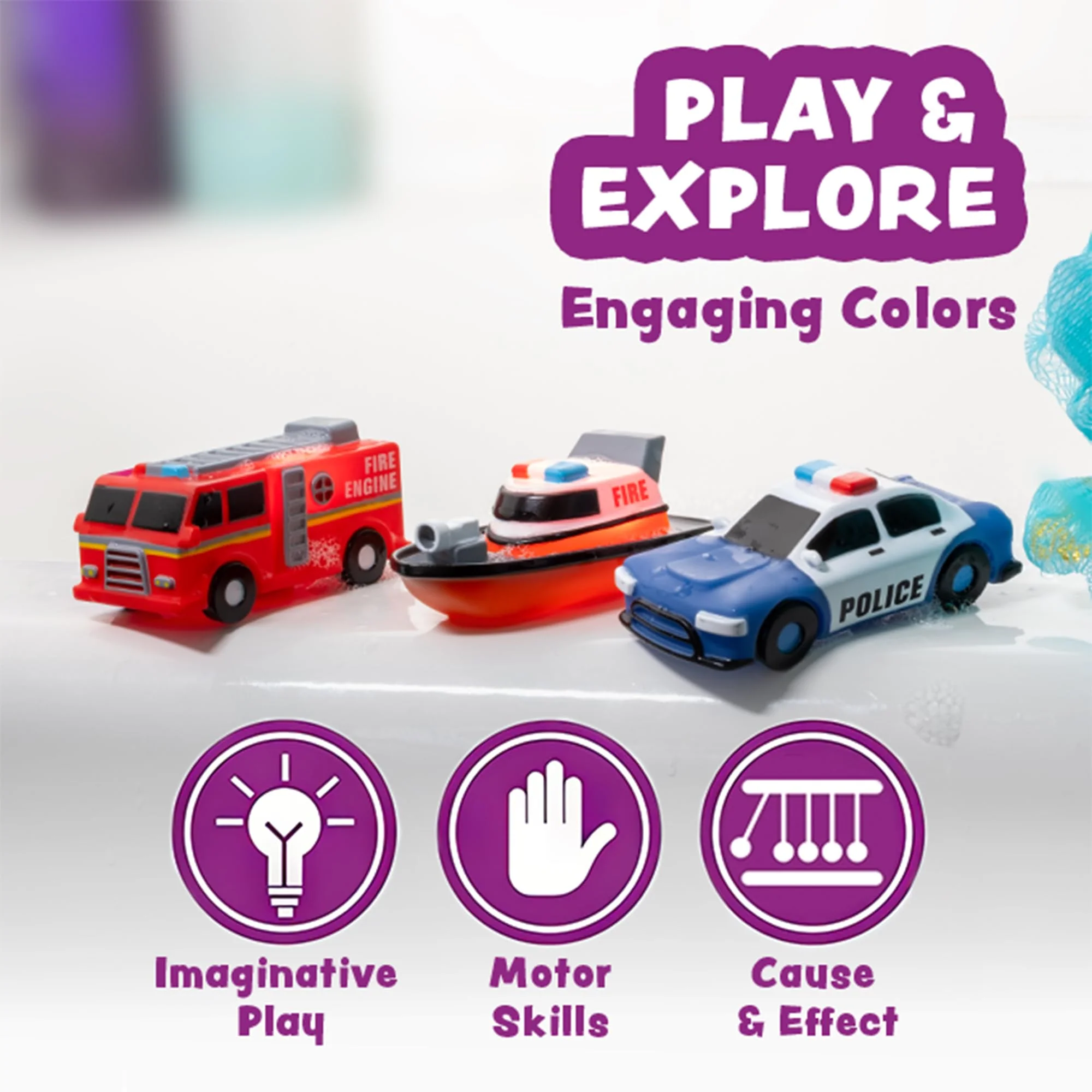 Tub Works® Emergency™ Cars Light Up Bath Toys, 6 Pack | Water-Activated Light Up Toys Flash & Change Color | Soft, Squeezable Baby & Toddler Bath Toys | Sensory Toys with Bath Lights for Kids Bath - Image 4