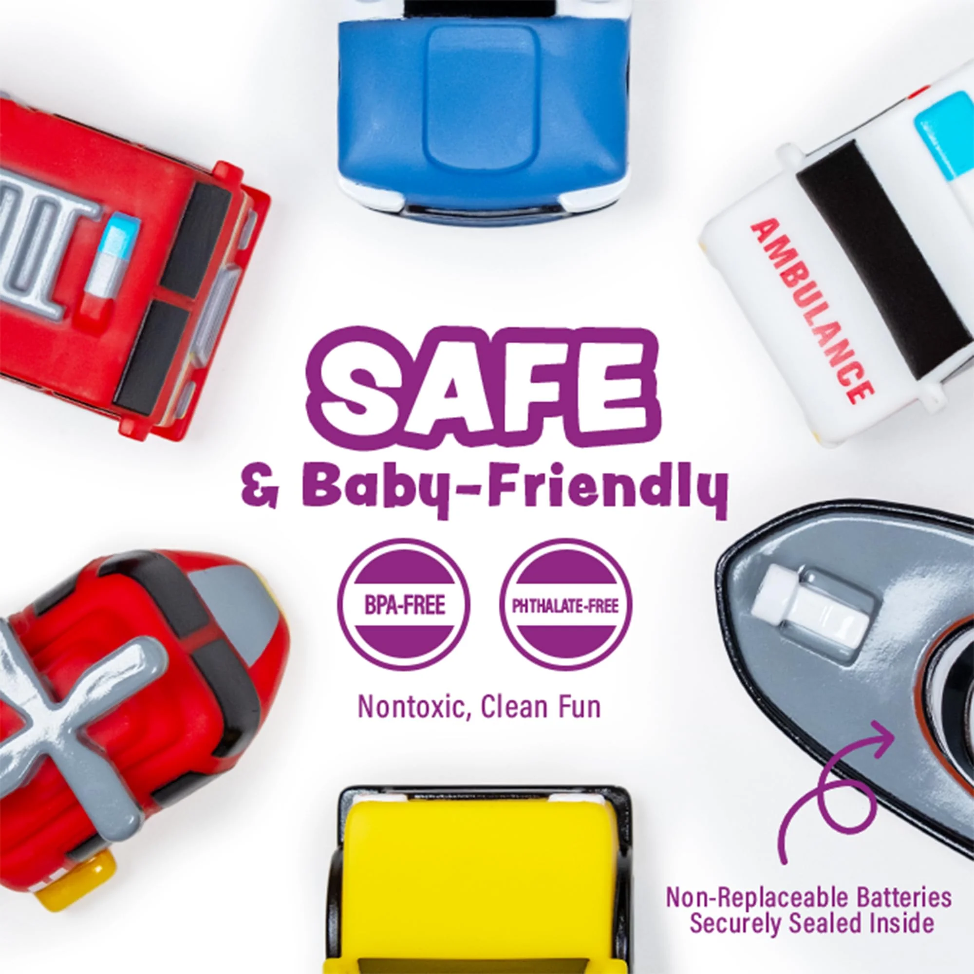 Tub Works® Emergency™ Cars Light Up Bath Toys, 6 Pack | Water-Activated Light Up Toys Flash & Change Color | Soft, Squeezable Baby & Toddler Bath Toys | Sensory Toys with Bath Lights for Kids Bath - Image 5
