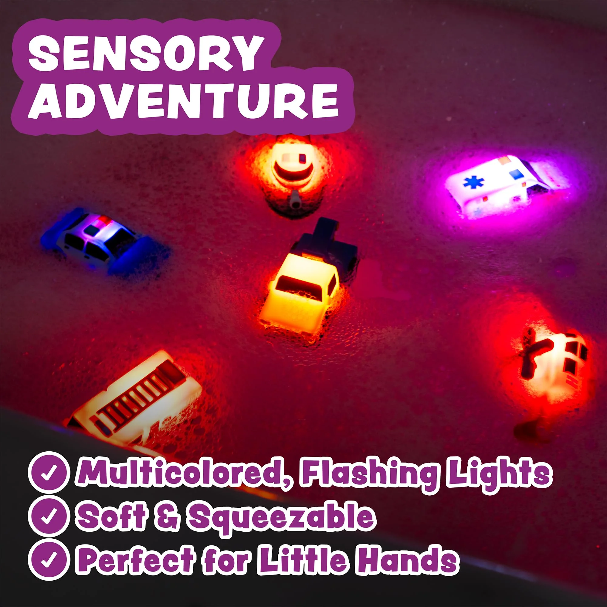 Tub Works® Emergency™ Cars Light Up Bath Toys, 6 Pack | Water-Activated Light Up Toys Flash & Change Color | Soft, Squeezable Baby & Toddler Bath Toys | Sensory Toys with Bath Lights for Kids Bath - Image 7