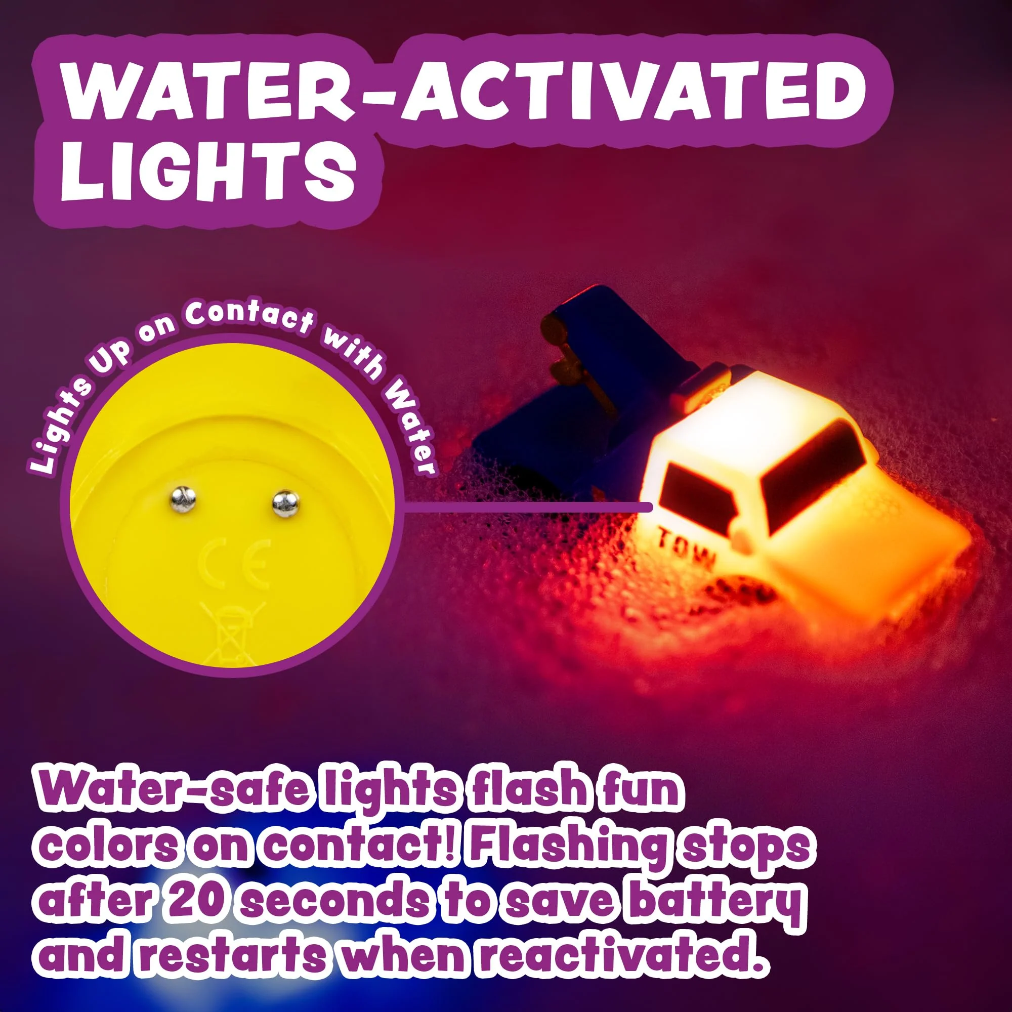 Tub Works® Emergency™ Cars Light Up Bath Toys, 6 Pack | Water-Activated Light Up Toys Flash & Change Color | Soft, Squeezable Baby & Toddler Bath Toys | Sensory Toys with Bath Lights for Kids Bath - Image 8