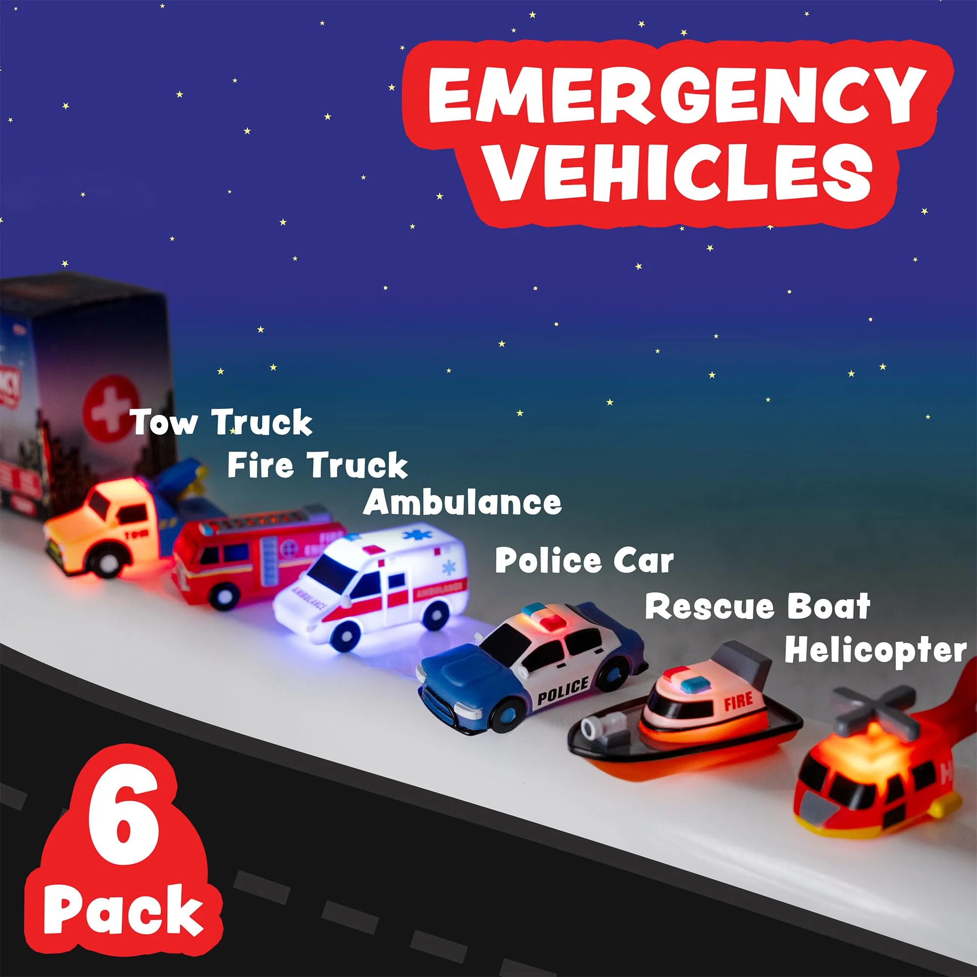Tub Works® Emergency™ Cars Light Up Bath Toys, 6 Pack | Water-Activated Light Up Toys Flash & Change Color | Soft, Squeezable Baby & Toddler Bath Toys | Sensory Toys with Bath Lights for Kids Bath - Image 9