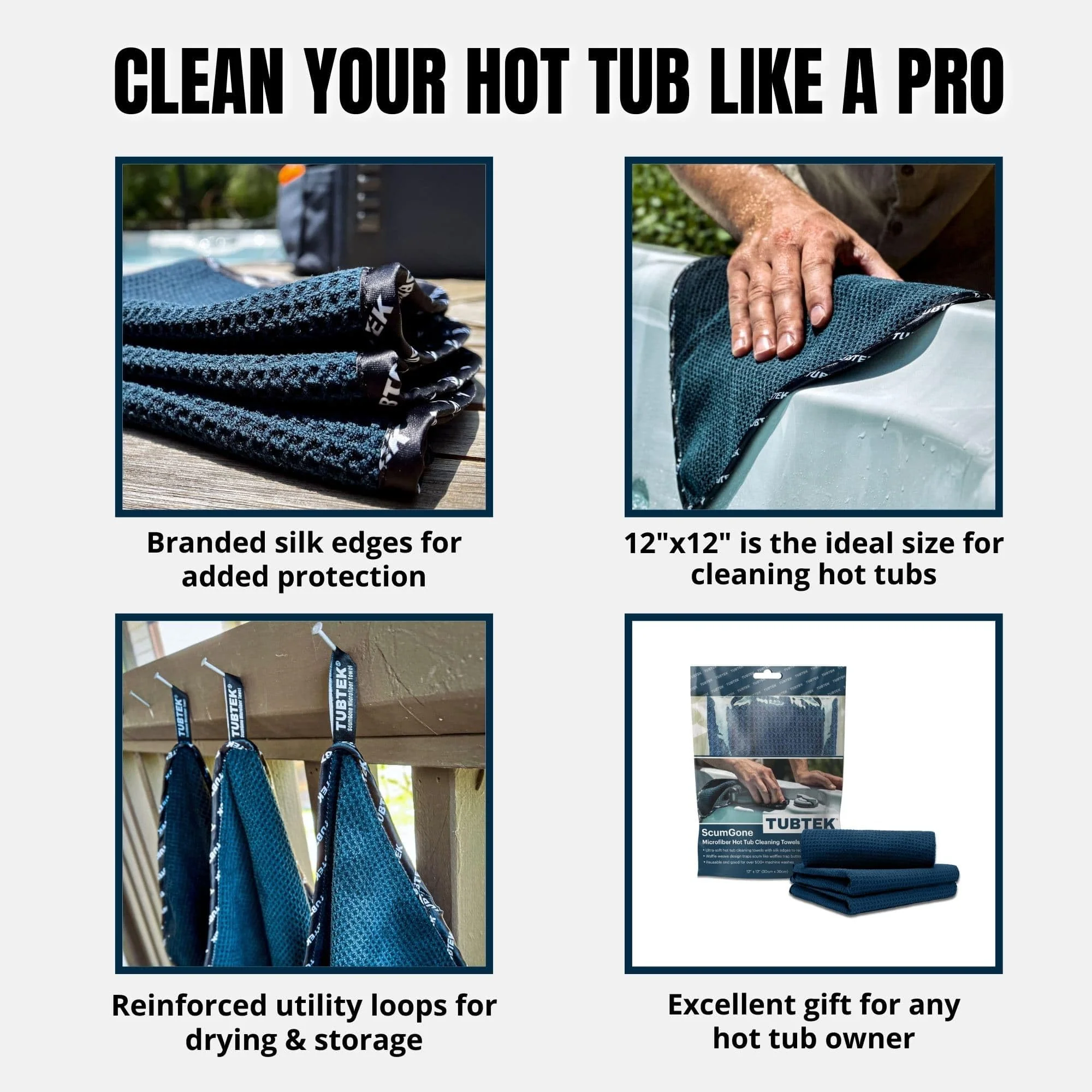 TUBTEK Microfiber Hot Tub Surface Cleaner Towels (3 Pack) – Hot Tub Cover Cleaner & Shell Scrubber – Spa Scum Remover & Cleaning Tools, 100% Scratch-Free - Image 5