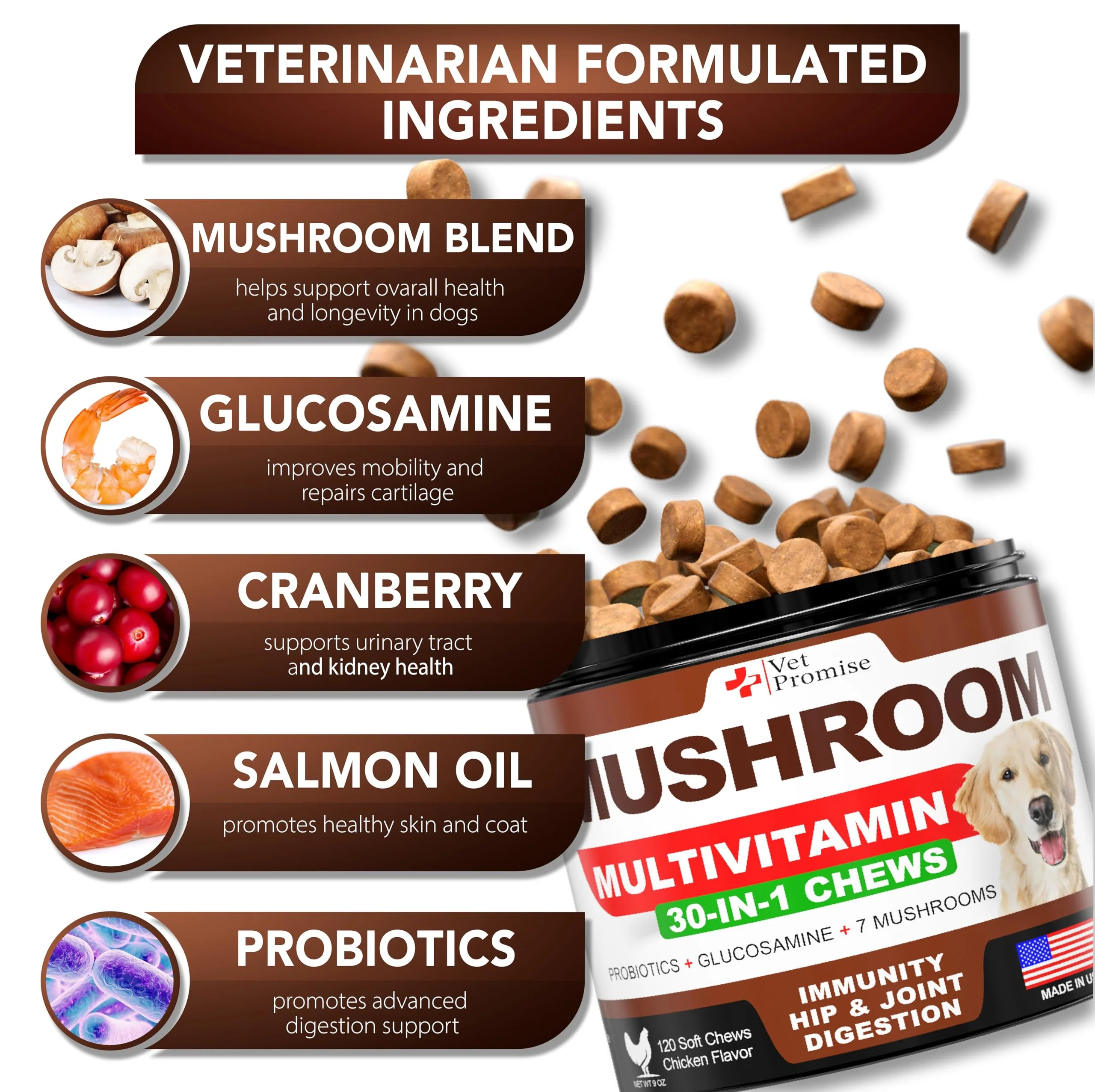 Turkey Tail Mushroom for Dogs - 170 Chews - Mushroom Supplement for Dogs - Lions Mane - Reishi - Immunity Support Multivitamin Vitamins - Joint Health - Energy - Gut - Skin - Made in USA - Image 3