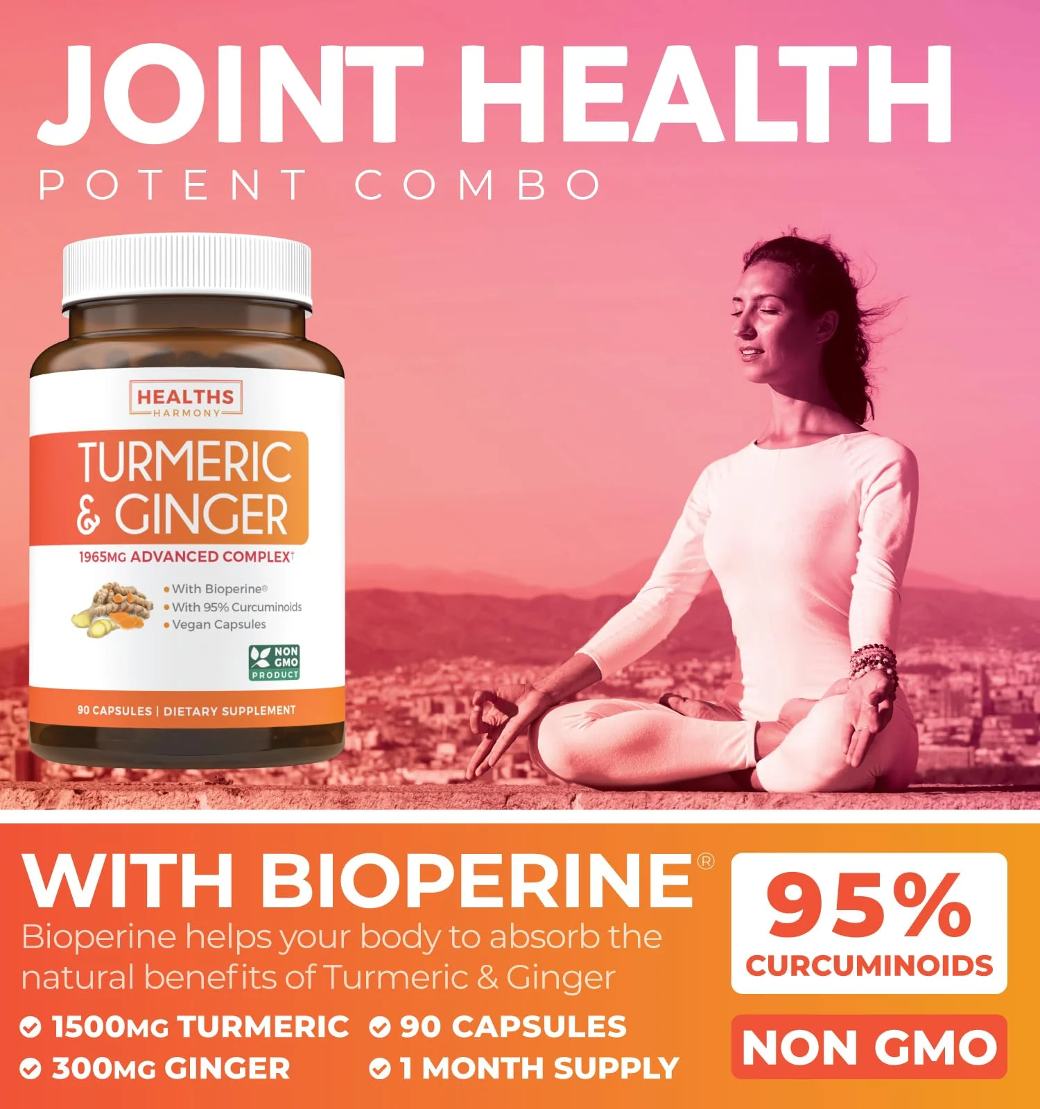 Turmeric and Ginger Supplement (Non-GMO) 1980mg Serving - Turmeric Curcumin with Black Pepper Bioperine, Ginger Extract, and 95% Curcuminoids Powder - Tumeric Joint Support Supplement - 90 Capsules - Image 6