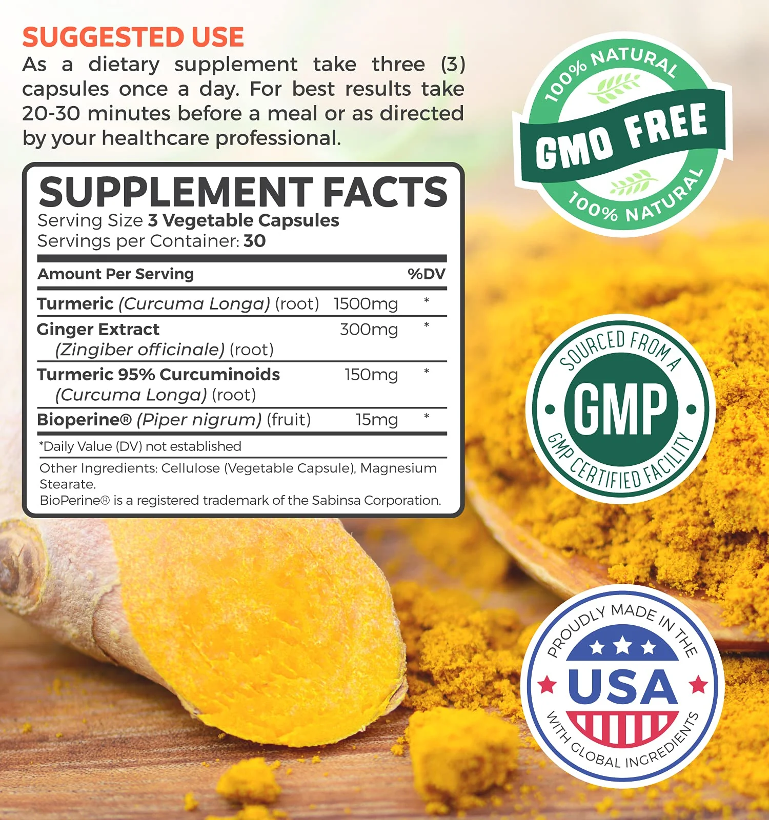 Turmeric and Ginger Supplement (Non-GMO) 1980mg Serving - Turmeric Curcumin with Black Pepper Bioperine, Ginger Extract, and 95% Curcuminoids Powder - Tumeric Joint Support Supplement - 90 Capsules - Image 7