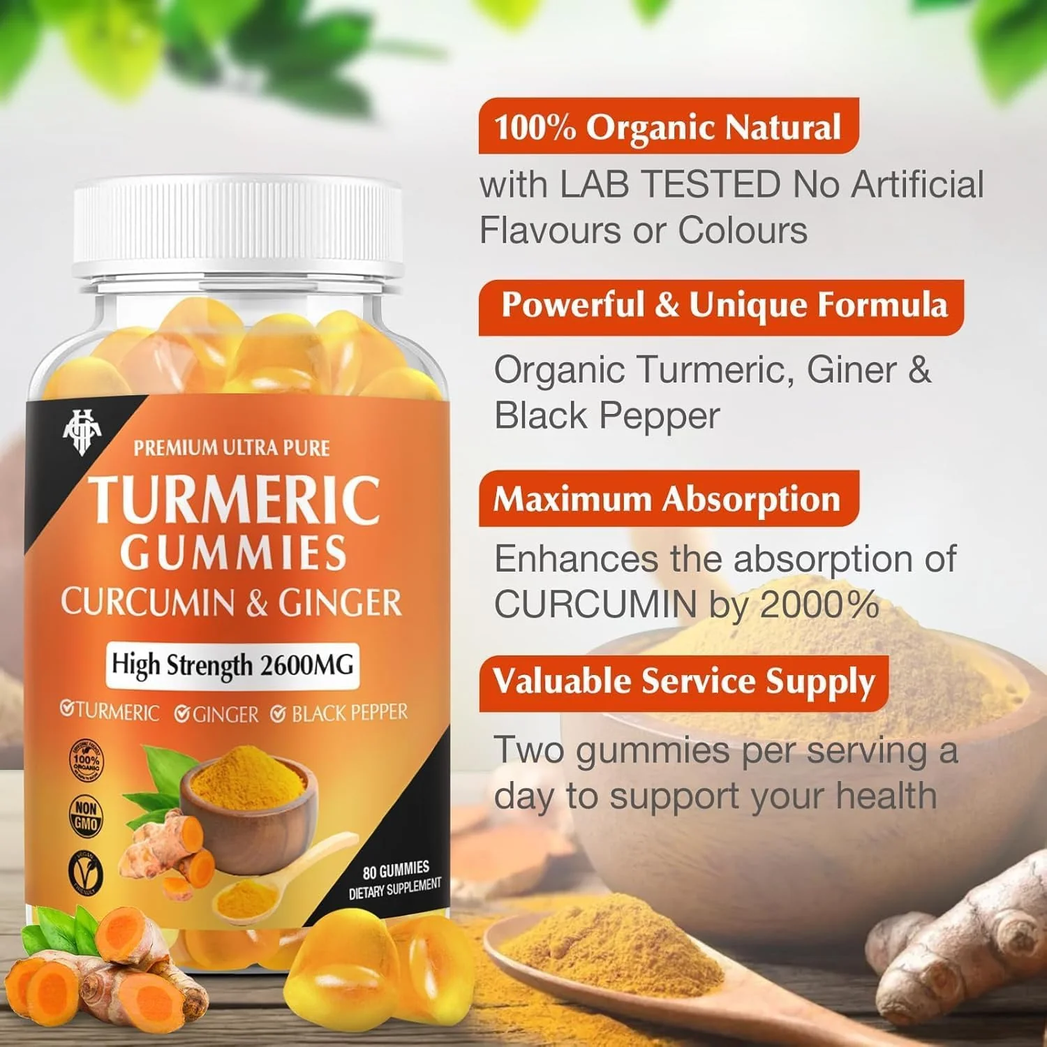 Turmeric Curcumin Gummies (2 Pack) - Turmeric Curcumin Supplements with Ginger & Black Pepper Gummies for Immune Muscle Support Healthy Skin - Vegan, Gluten Free, Low Sugar - for Adults - Image 7