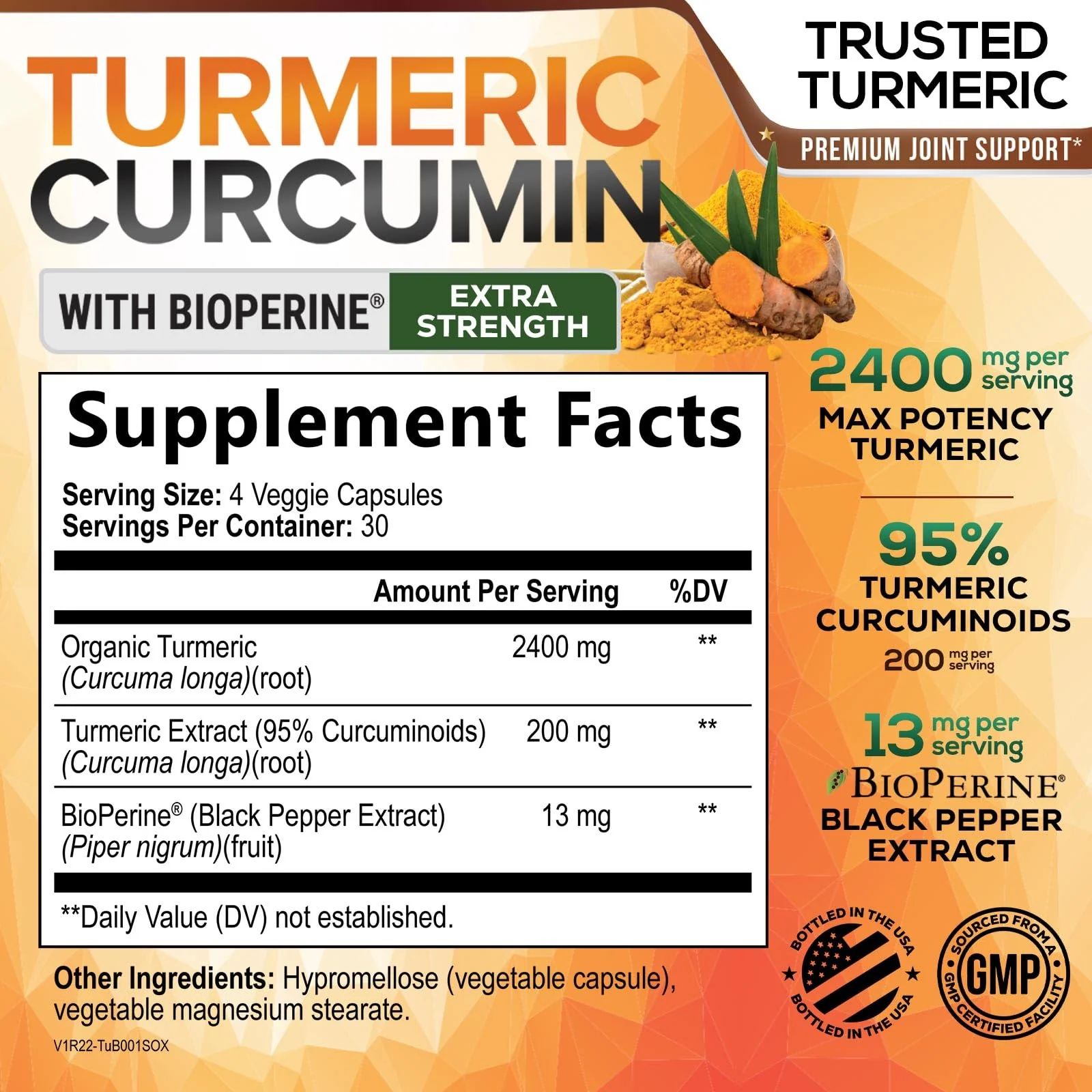 Turmeric Curcumin Supplement - 2400mg Organic Turmeric Per Serving - 95% Curcuminoids & BioPerine Black Pepper Extract for Best Absorption - Natural Vegan Joint Support, Bottled in USA - 120 Capsules - Image 2