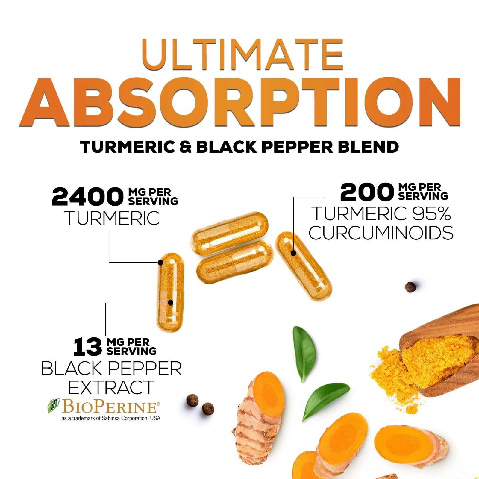 Turmeric Curcumin Supplement - 2400mg Organic Turmeric Per Serving - 95% Curcuminoids & BioPerine Black Pepper Extract for Best Absorption - Natural Vegan Joint Support, Bottled in USA - 120 Capsules - Image 6