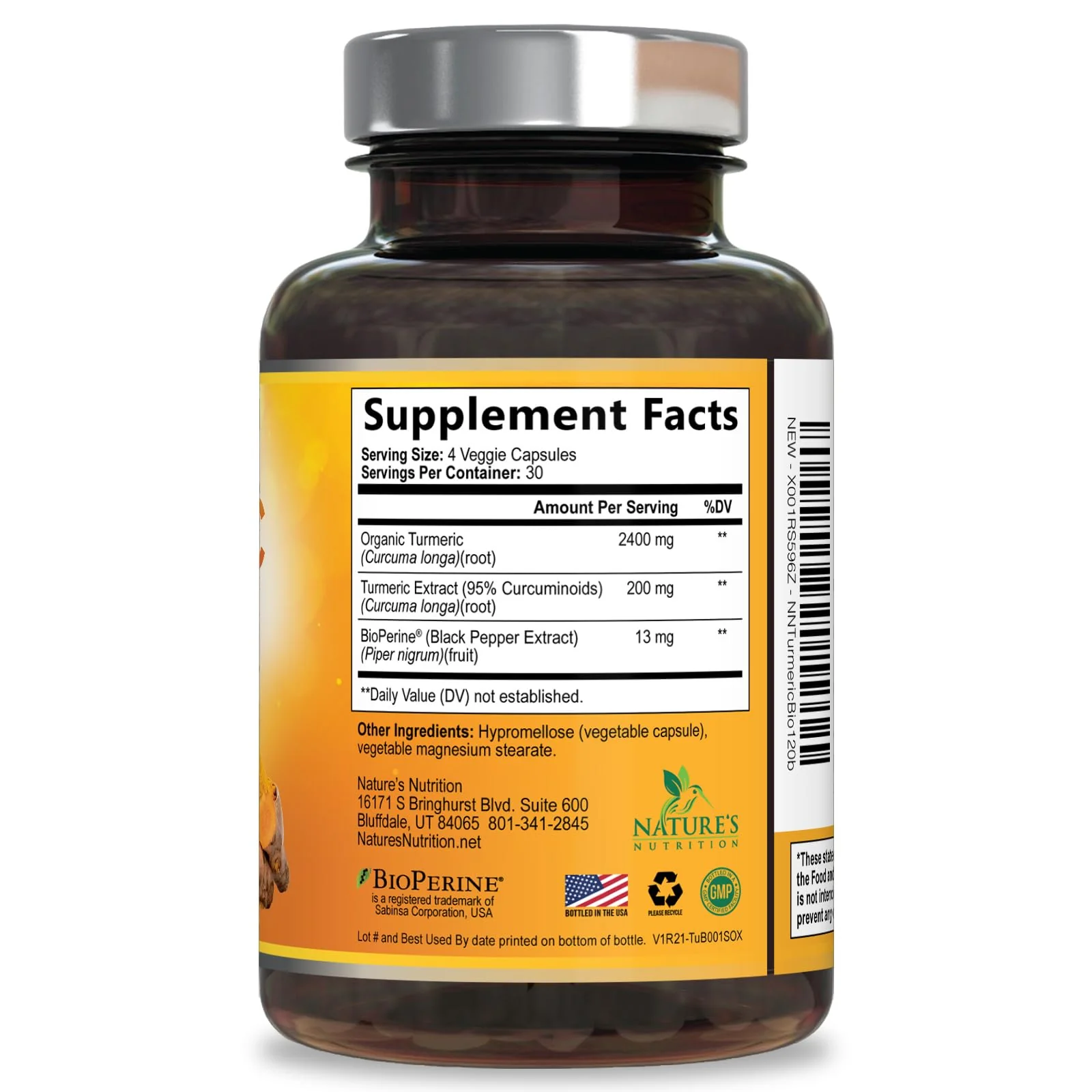 Turmeric Curcumin Supplement - 2400mg Organic Turmeric Per Serving - 95% Curcuminoids & BioPerine Black Pepper Extract for Best Absorption - Natural Vegan Joint Support, Bottled in USA - 120 Capsules - Image 9