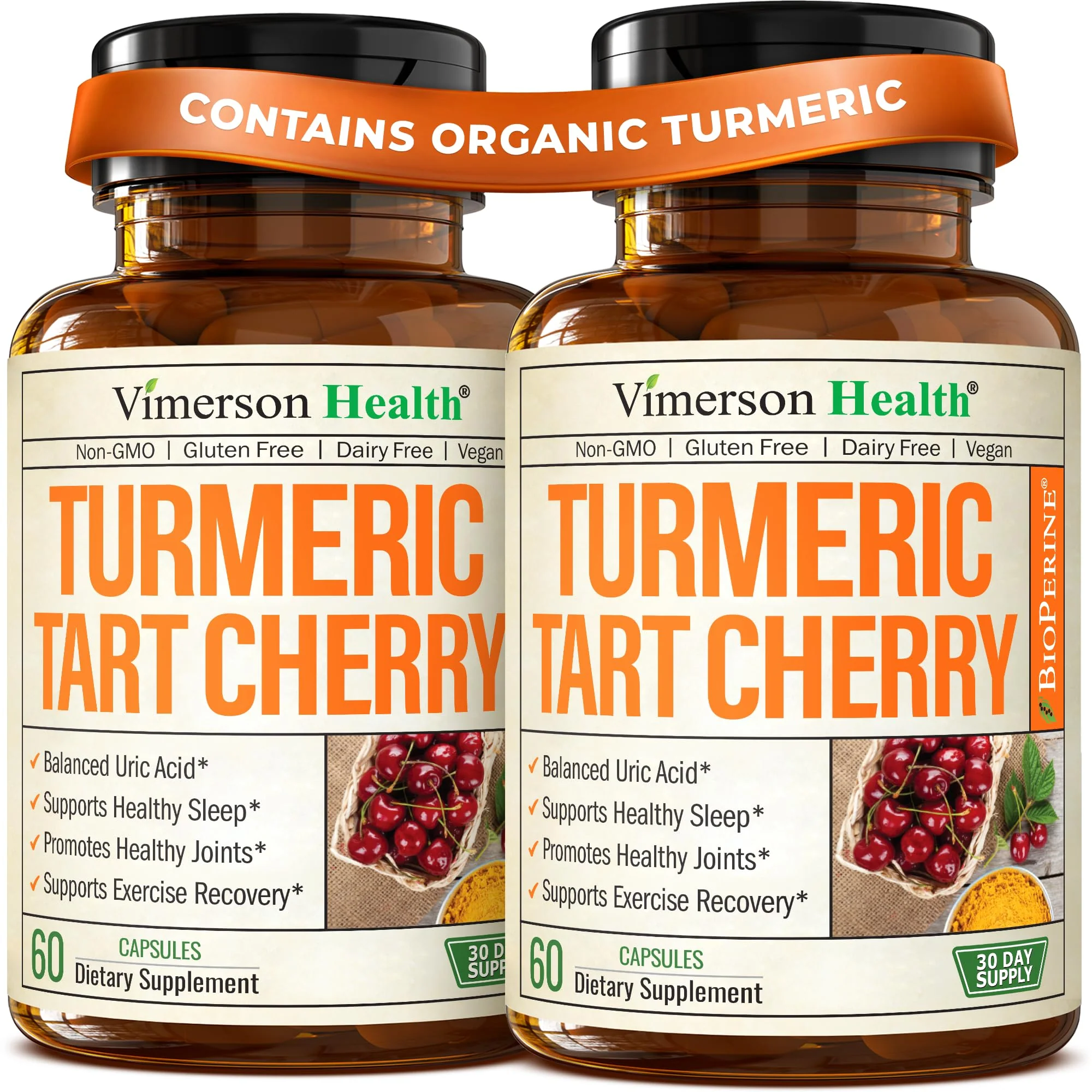 Turmeric Curcumin Supplement with 10:1 Tart Cherry Extract & Celery Seed Extract – Natural Uric Acid Balance, Joint Health, Sleep Aid – Turmeric Curcumin with Black Pepper –Tart Cherry Capsules 2 Pack