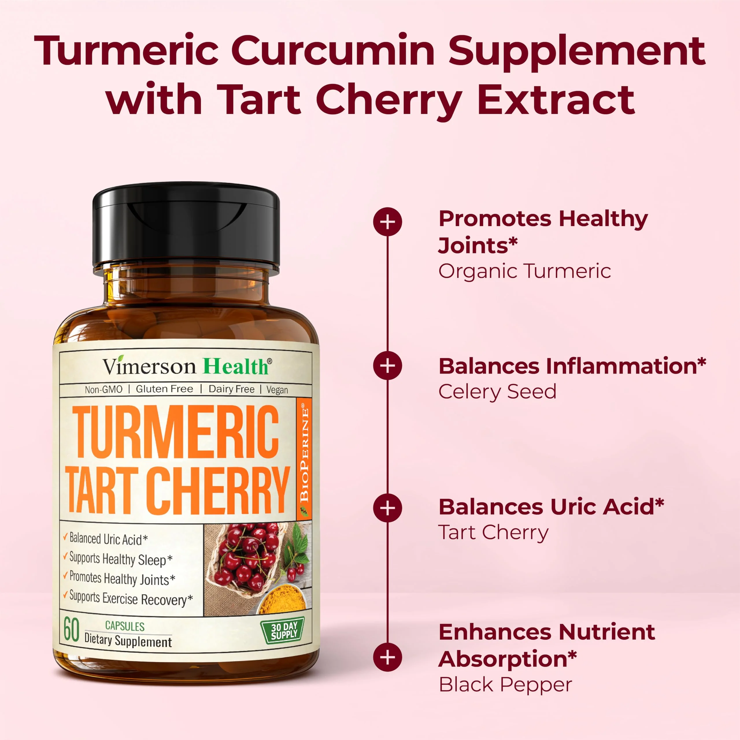 Turmeric Curcumin Supplement with 10:1 Tart Cherry Extract & Celery Seed Extract – Natural Uric Acid Balance, Joint Health, Sleep Aid – Turmeric Curcumin with Black Pepper –Tart Cherry Capsules 2 Pack - Image 6
