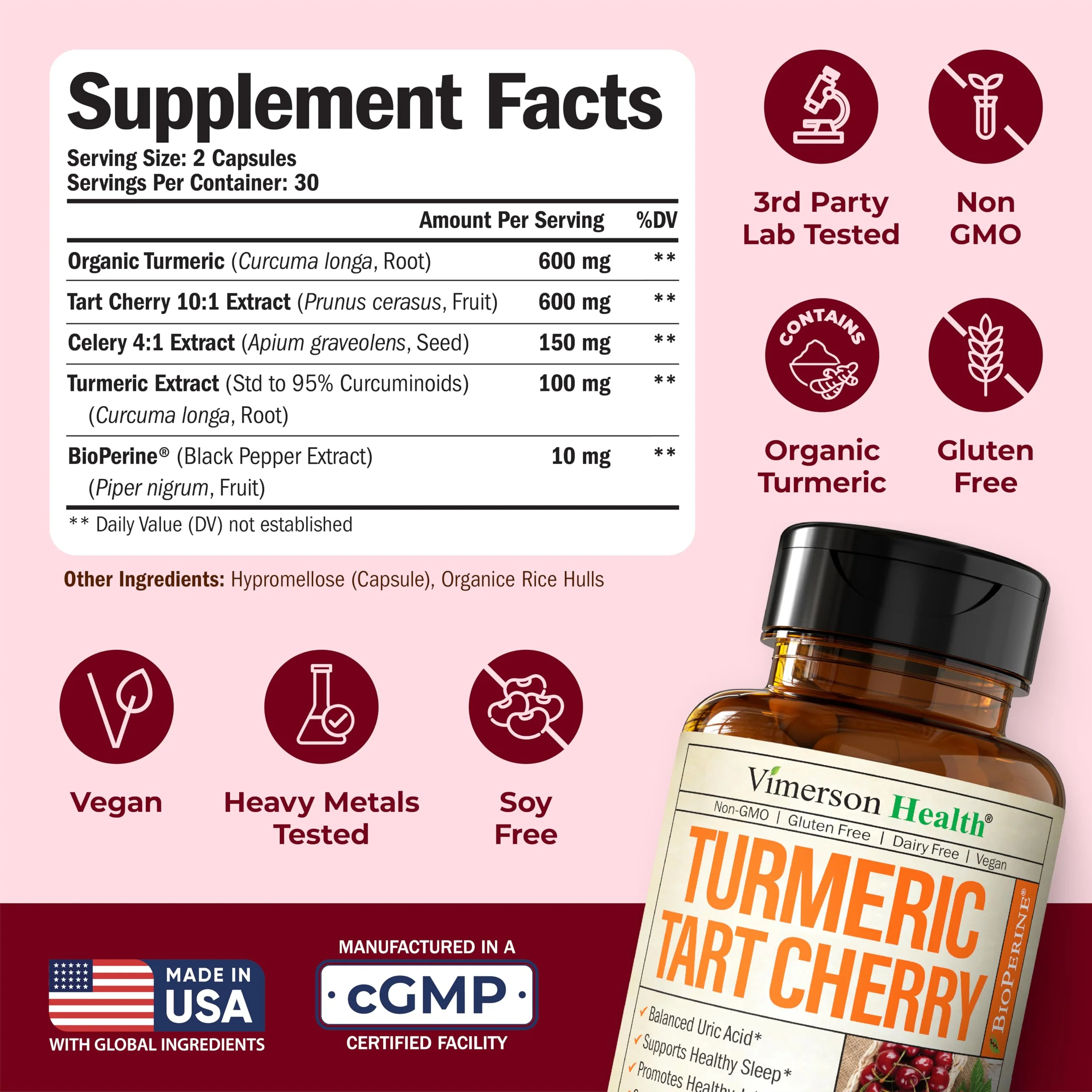 Turmeric Curcumin Supplement with 10:1 Tart Cherry Extract & Celery Seed Extract – Natural Uric Acid Balance, Joint Health, Sleep Aid – Turmeric Curcumin with Black Pepper –Tart Cherry Capsules 2 Pack - Image 8