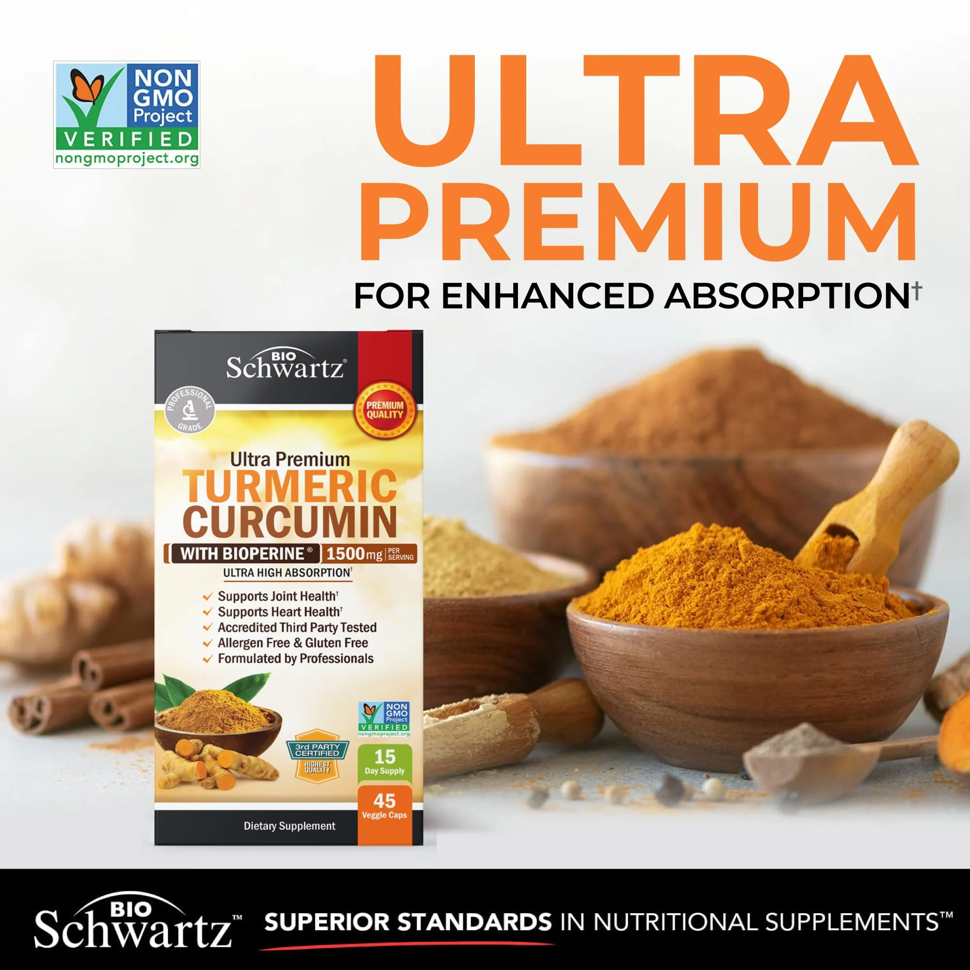 Turmeric Curcumin with Black Pepper Extract 1500mg - High Absorption Ultra Potent Turmeric Supplement with 95% Curcuminoids and BioPerine - Non GMO Tumeric Capsules for Joint Support - 45 Capsules - Image 3