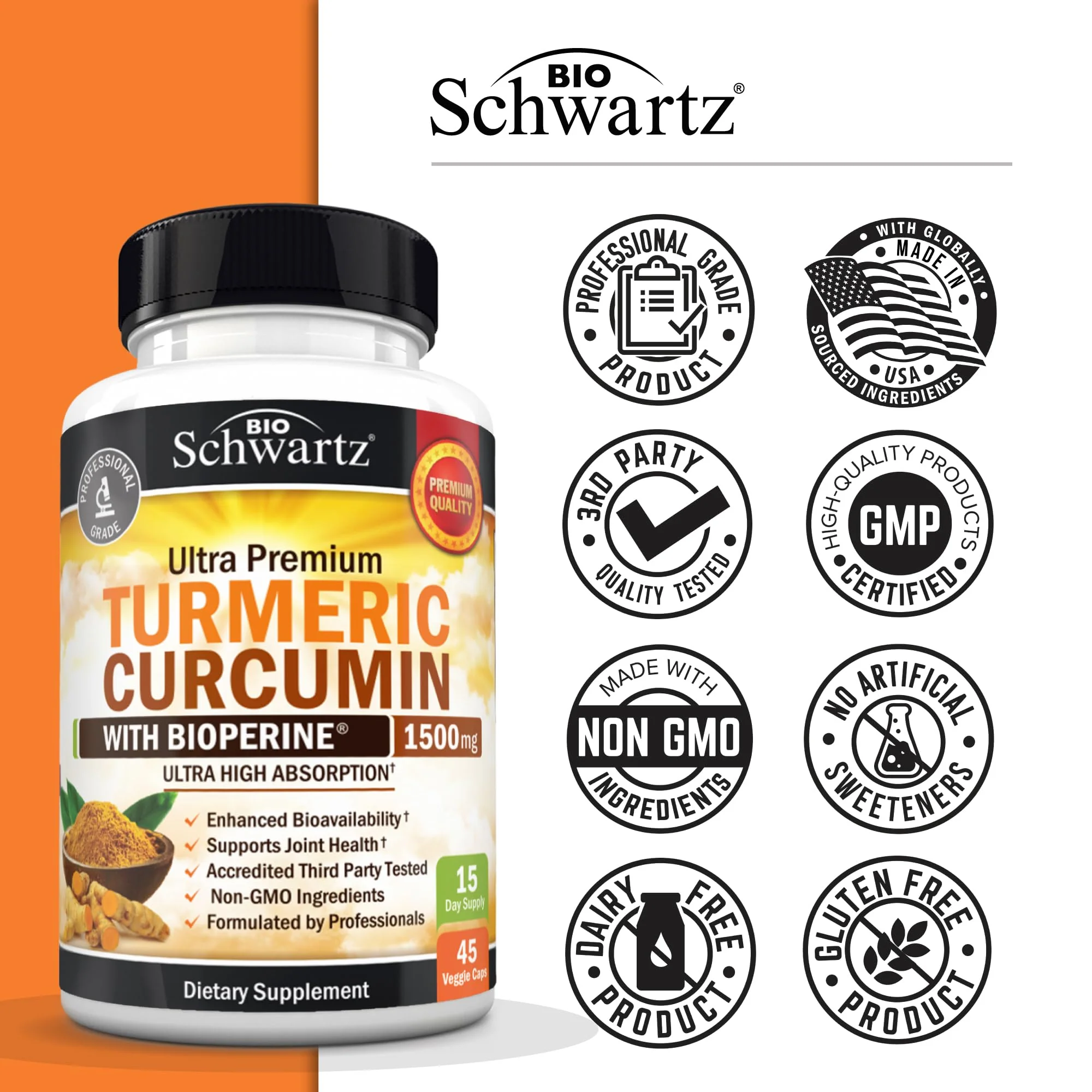 Turmeric Curcumin with Black Pepper Extract 1500mg - High Absorption Ultra Potent Turmeric Supplement with 95% Curcuminoids and BioPerine - Non GMO Tumeric Capsules for Joint Support - 45 Capsules - Image 6