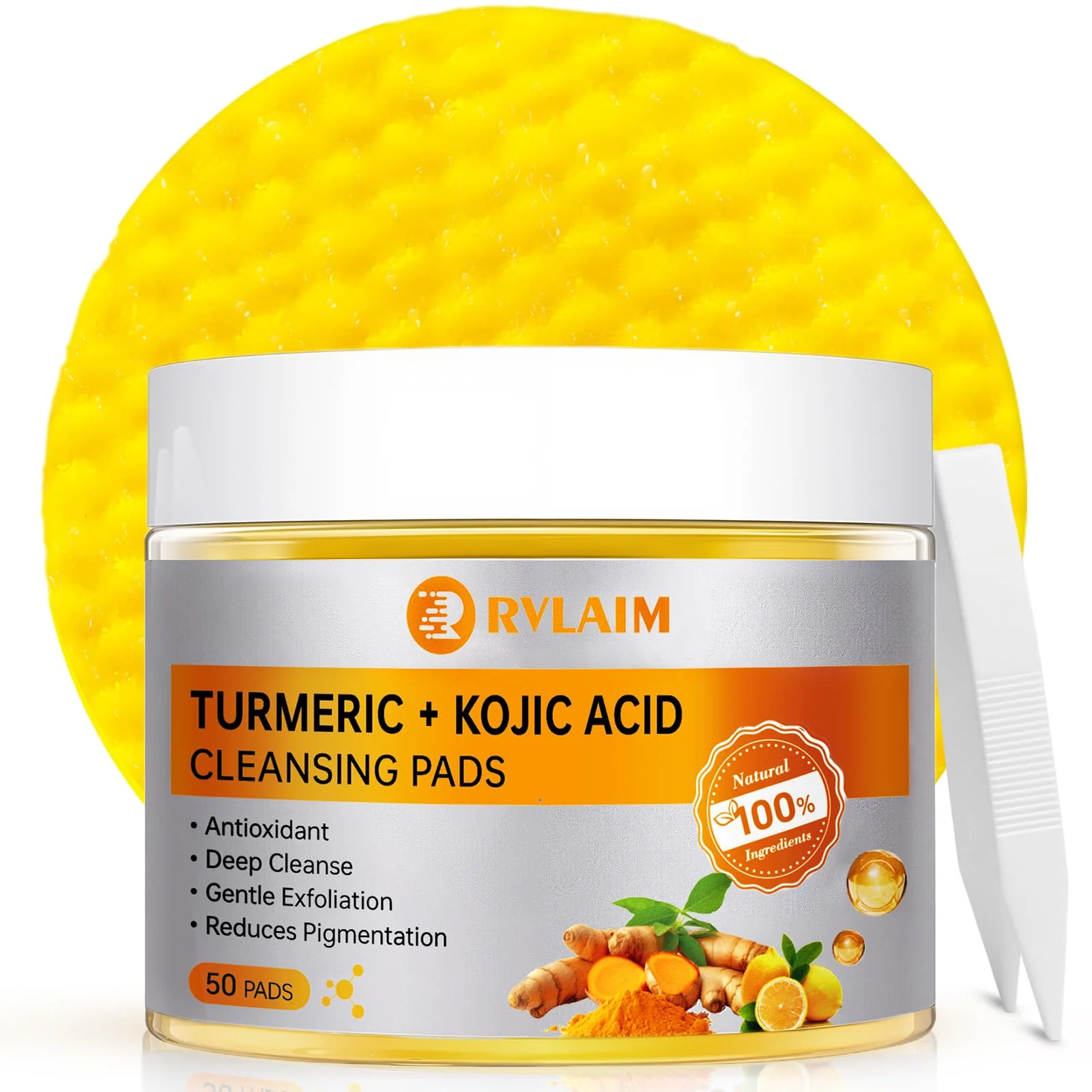 Turmeric Kojic Acid Cleansing Pads, 50 PCS Turmeric Pads for Face Dark Spots Cleansing & Exfoliation