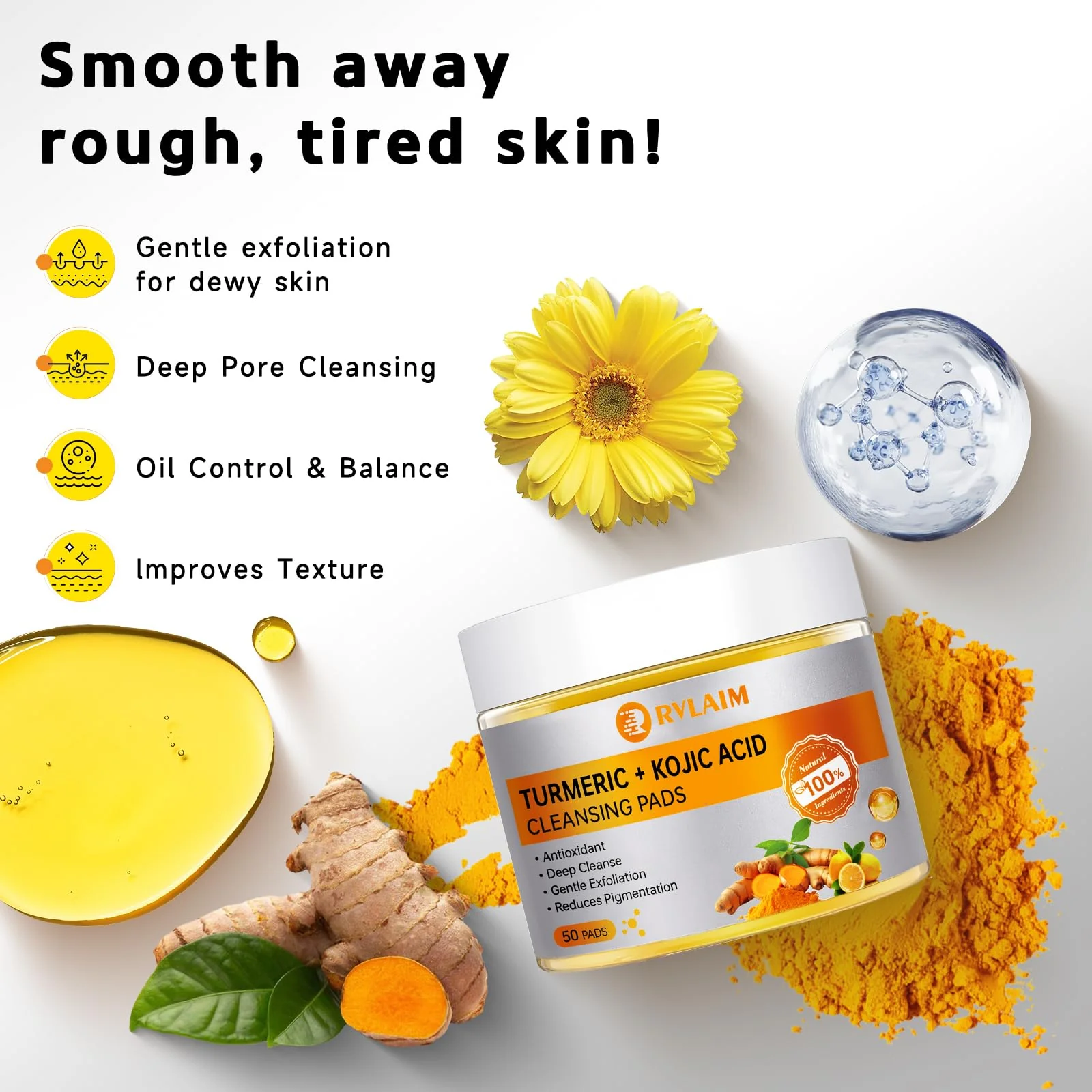 Turmeric Kojic Acid Cleansing Pads, 50 PCS Turmeric Pads for Face Dark Spots Cleansing & Exfoliation - Image 5