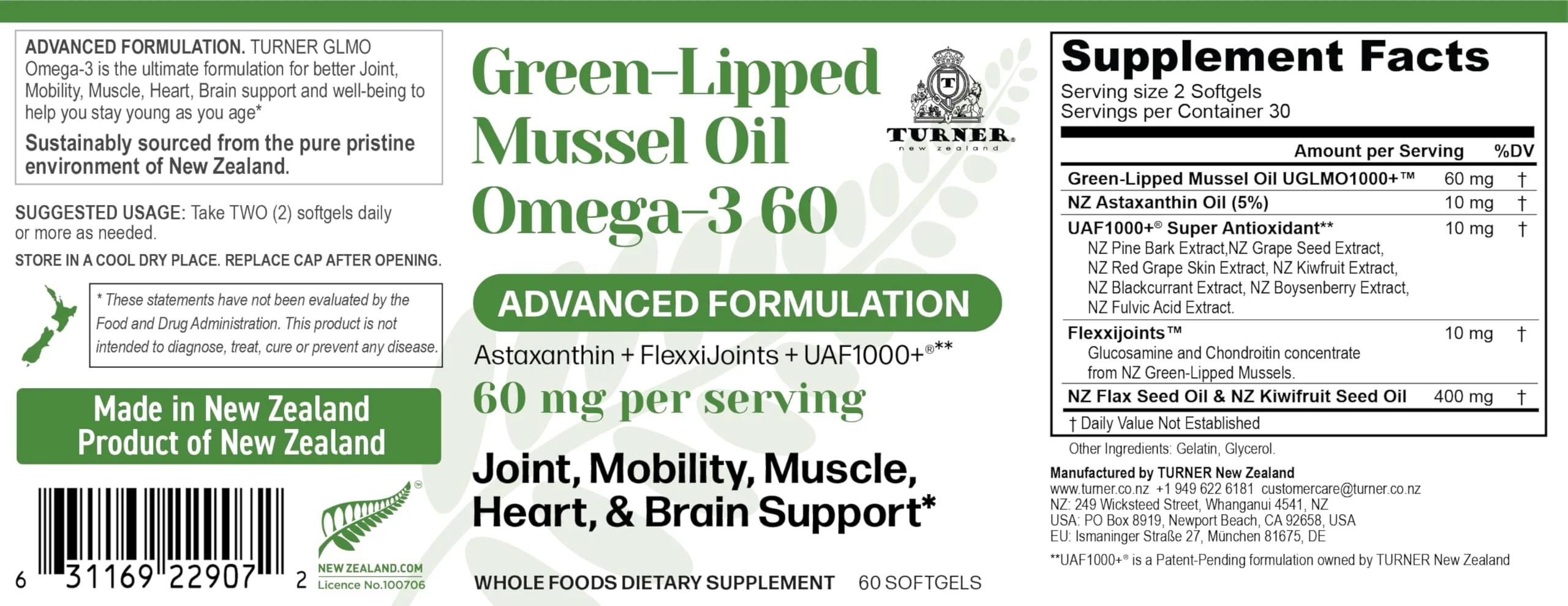 TURNER Omega-3 New Zealand Green Lipped Mussel Oil, 53x Higher Potency with UAF1000+ Super Antioxidant for Superior Joint Comfort & Mobility, No Fishy Aftertaste, 1 Bottle, 60 Softgels - Image 2