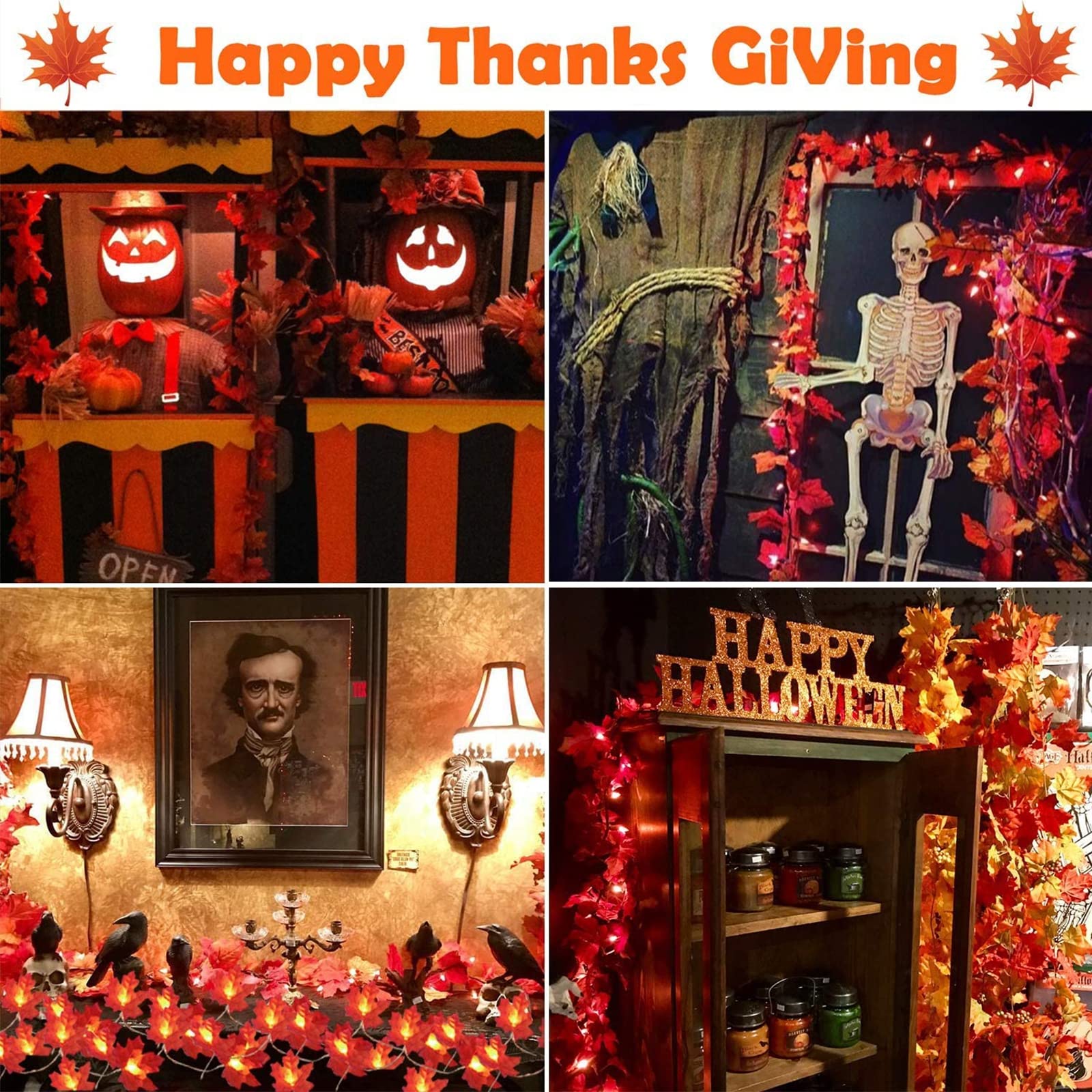 TURNMEON 6 Pack Thanksgiving Decorations Enlarged Maples Leafed Garland, 60Ft 120LED Fall Decor for Home Fall Lights, Battery Operated Waterproof Thanksgiving Decor Indoor Outdoor Christmas Halloween - Image 4