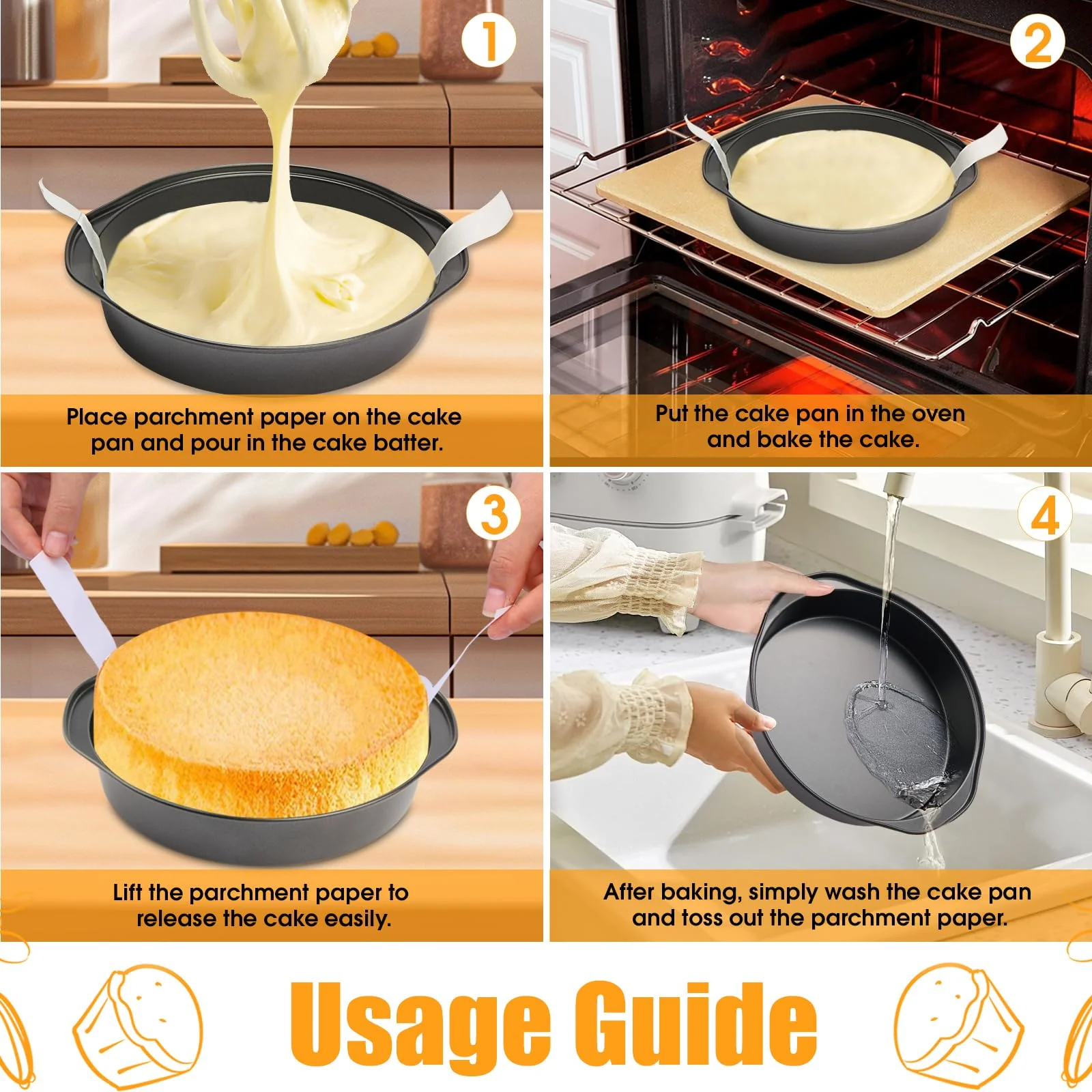 tutikuki 8" Round Cake Pan, 3PCS Nonstick Cake Pans with 100 PCS Parchment Paper, Carbon Steel Cake Baking Pans with Handle, Dishwasher Safe - Image 4