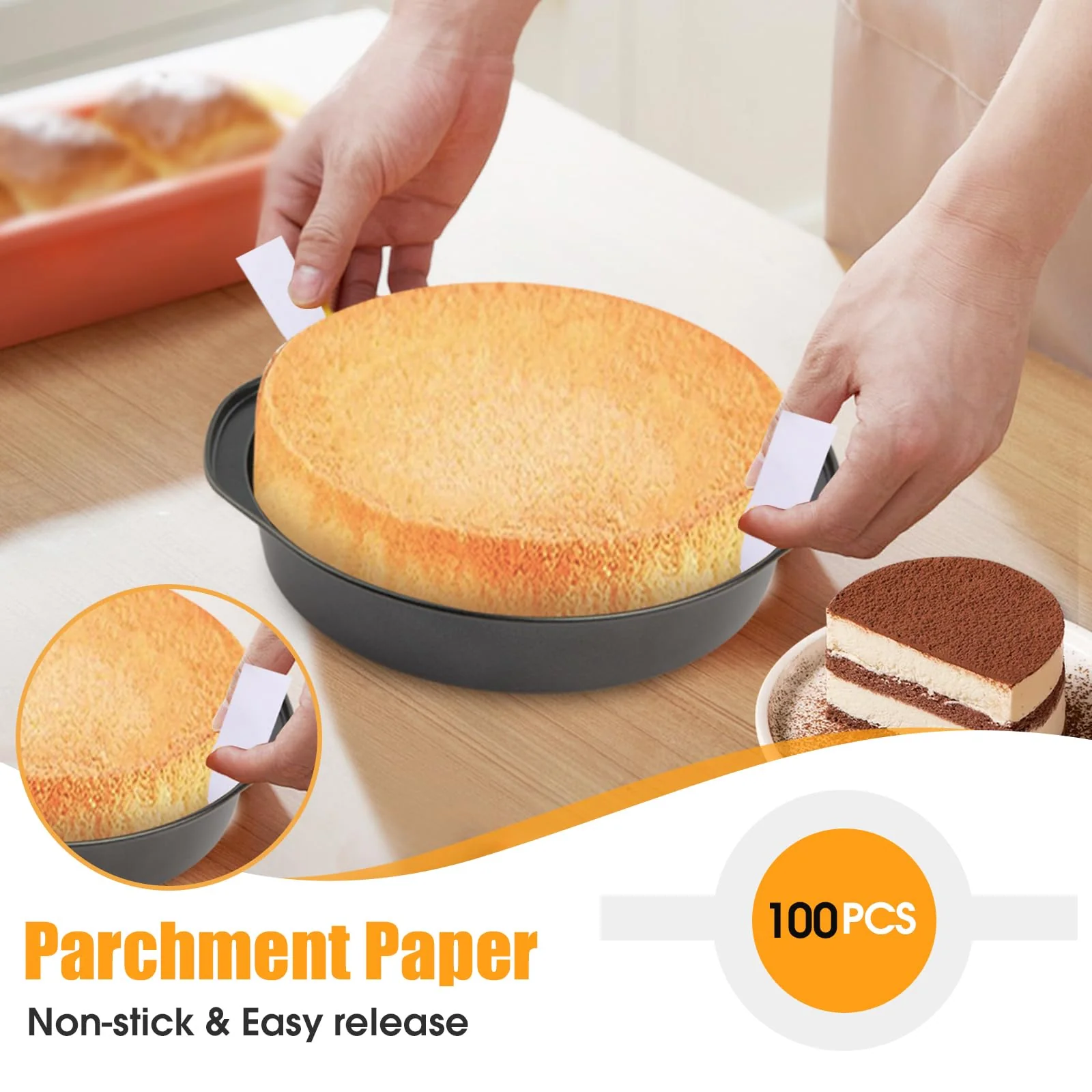 tutikuki 8" Round Cake Pan, 3PCS Nonstick Cake Pans with 100 PCS Parchment Paper, Carbon Steel Cake Baking Pans with Handle, Dishwasher Safe - Image 6