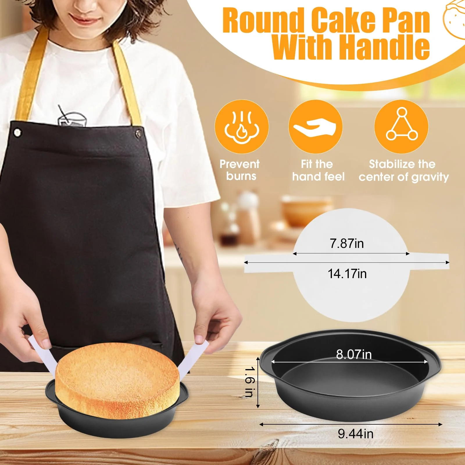 tutikuki 8" Round Cake Pan, 3PCS Nonstick Cake Pans with 100 PCS Parchment Paper, Carbon Steel Cake Baking Pans with Handle, Dishwasher Safe - Image 7