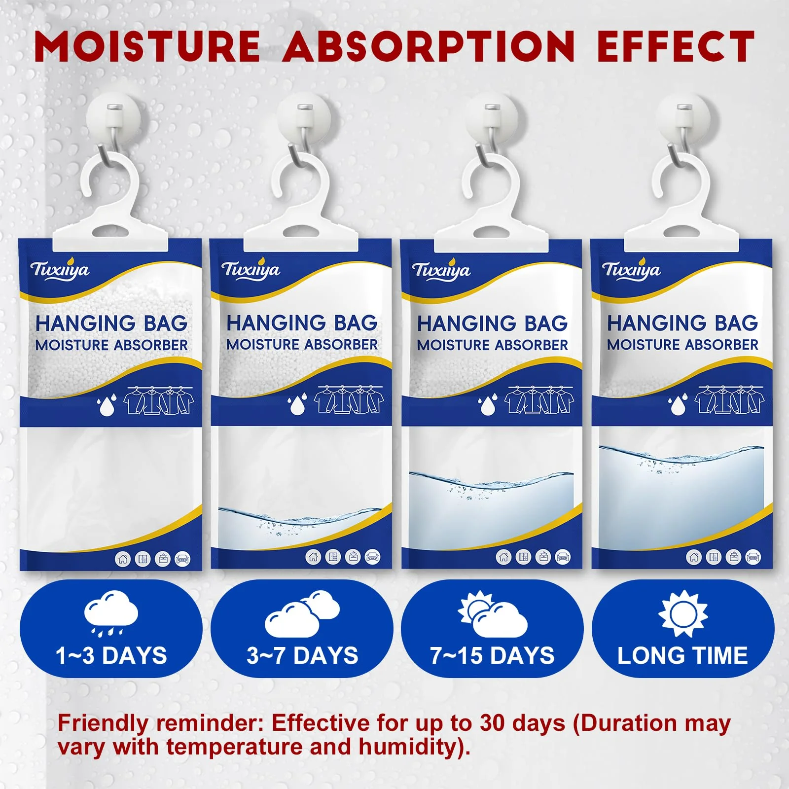 TUXIYA Moisture Absorbers 30 Pack,Hanging Closet Dehumidifier Bags,Moisture Absorbing Bags, Desiccant,Moisture Absorbing Bags for Closet,Wardrobes,Bedrooms, Bathrooms - Image 6